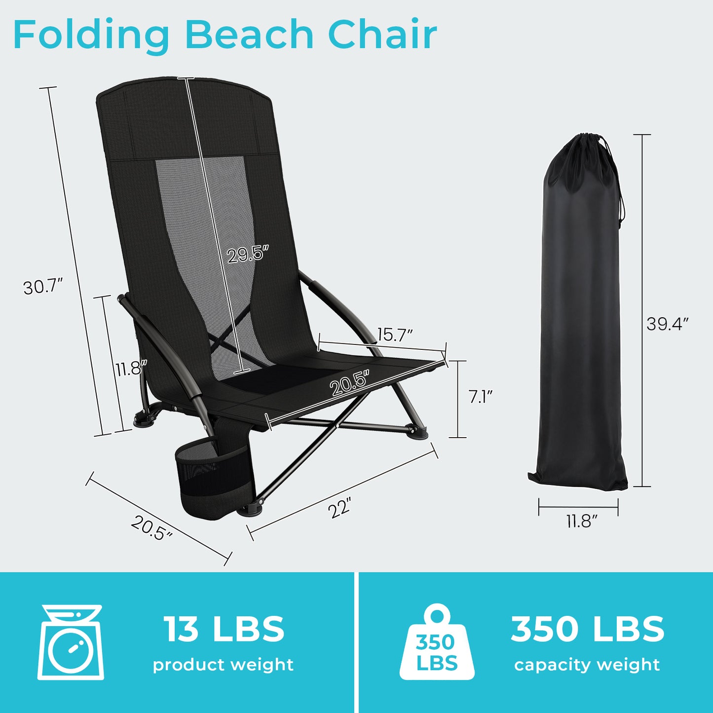 Pirecart 28.5″ High Back Folding Beach Chair, 2 PCS Portable Low Beach Chair W/ Mesh Back & Padded Armrest, Cup Holder, for Camping, Outdoor, Travel
