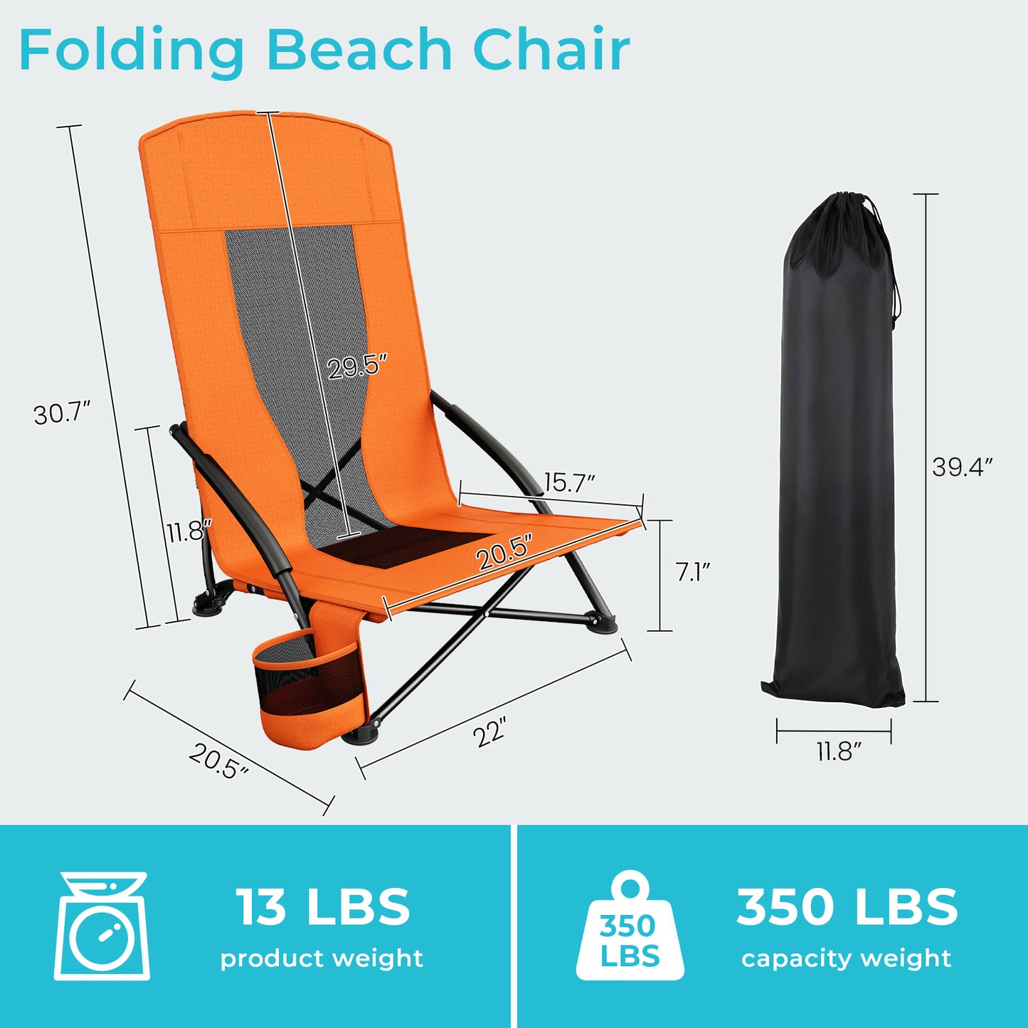 Pirecart 28.5″ High Back Folding Beach Chair, 2 PCS Portable Low Beach Chair W/ Mesh Back & Padded Armrest, Cup Holder, for Camping, Outdoor, Travel