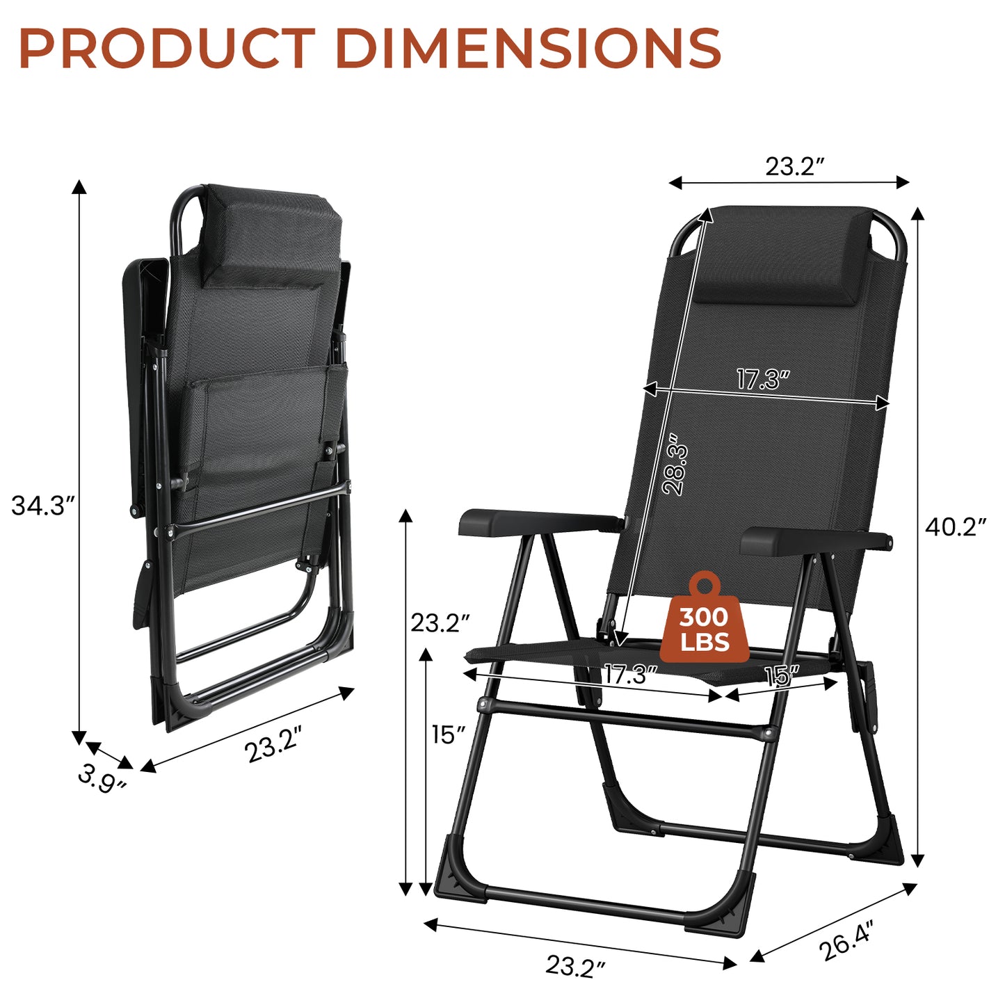 Pirecart 2PCS Folding Patio Chairs, 5 Level Adjustable Outdoor Lawn Chair with Removable Headrest, Teslin Fabric Patio Chairs with Ergonomic Armrest, Foot Pad