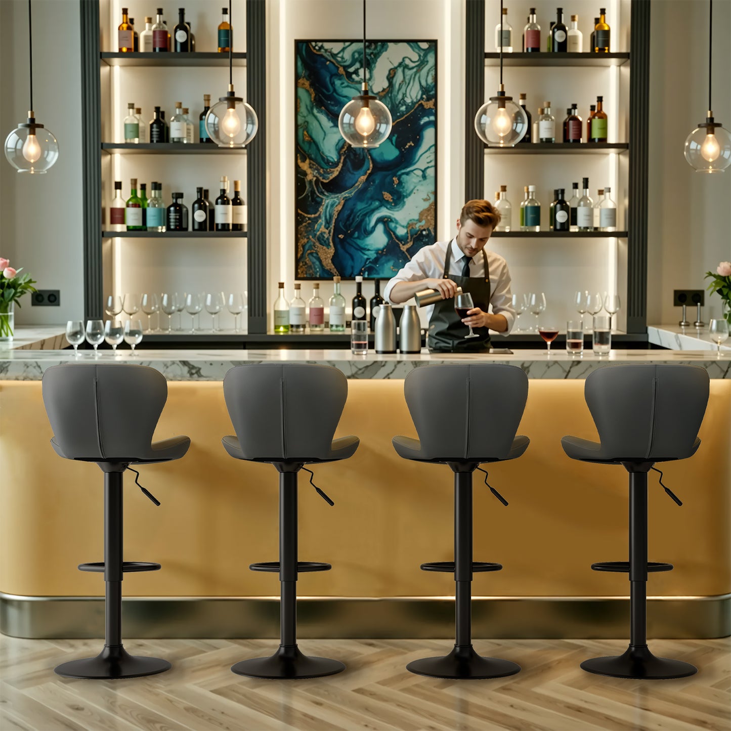 Pirecart Set of 2 Bar Stools, Bar Stools for Dining, Entertainment Center, PU Leather, Hight Adjustable Bar Chairs, Swivel Bar Stools with Back and Footrest