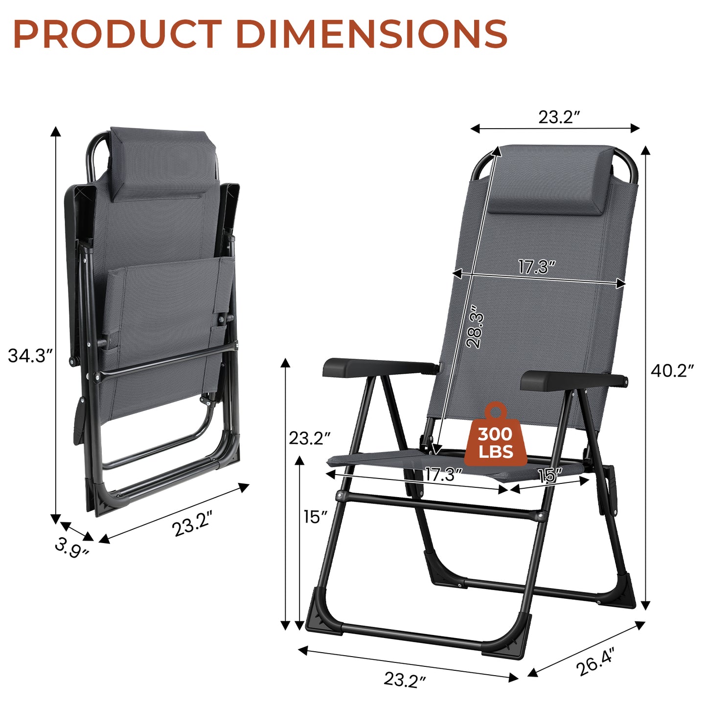 Pirecart 2PCS Folding Patio Chairs, 5 Level Adjustable Outdoor Lawn Chair with Removable Headrest, Teslin Fabric Patio Chairs with Ergonomic Armrest, Foot Pad