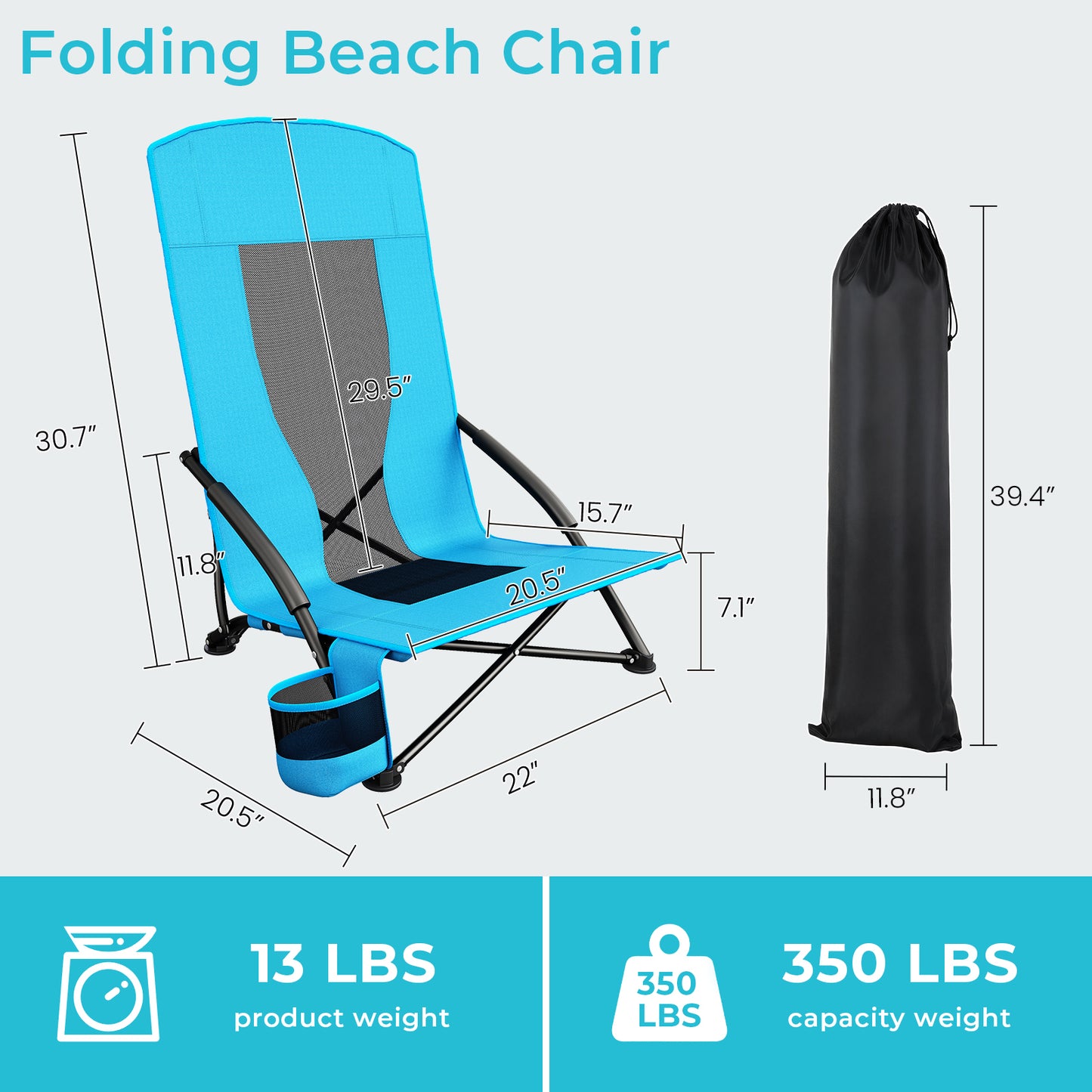 Pirecart 28.5″ High Back Folding Beach Chair, 2 PCS Portable Low Beach Chair W/ Mesh Back & Padded Armrest, Cup Holder, for Camping, Outdoor, Travel