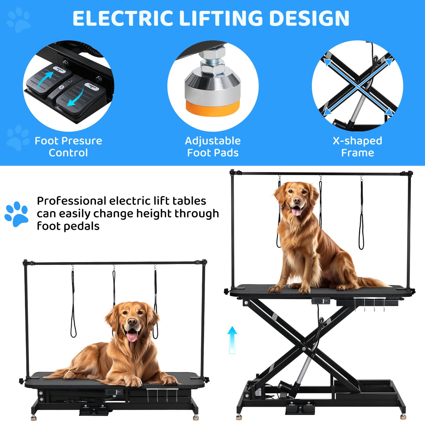 pirecart 49" Electric Dog Grooming Table, Professional Heavy Duty Pet Hydraulic Grooming Table w/Overhead Arm, 3 Noose