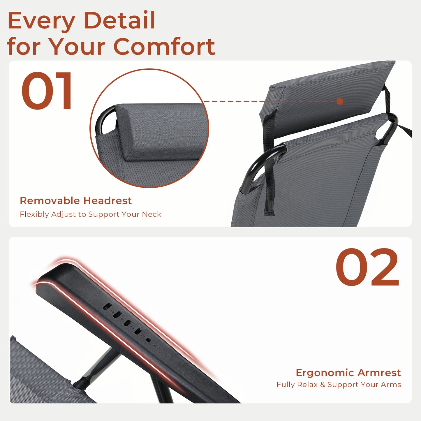 Pirecart 2PCS Folding Patio Chairs, 5 Level Adjustable Outdoor Lawn Chair with Removable Headrest, Teslin Fabric Patio Chairs with Ergonomic Armrest, Foot Pad