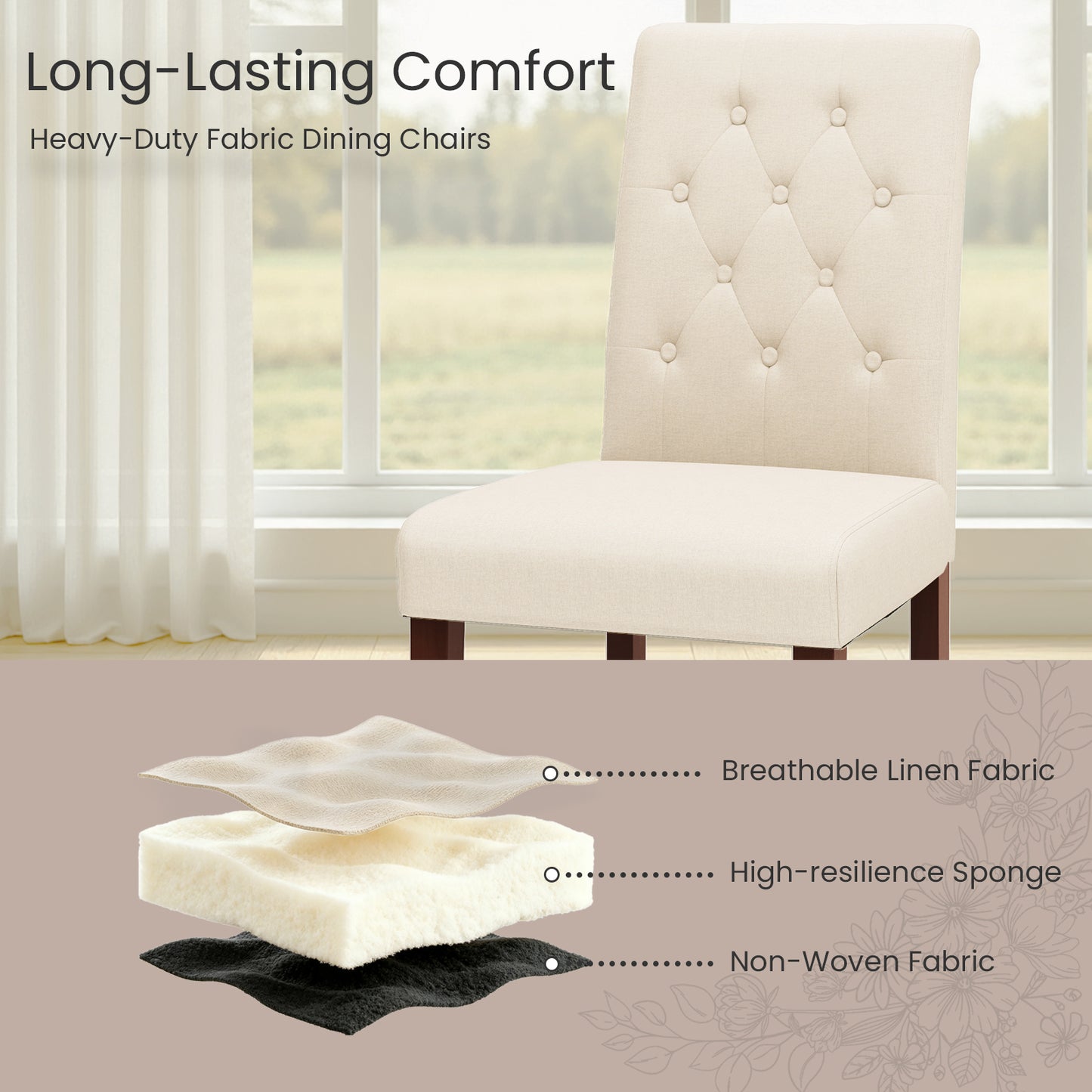 Pirecart 2 PCS Dining Chairs, Kitchen Chairs with Solid Wood Legs, Button-Tufted Parsons Design Upholstered Fabric Chairs