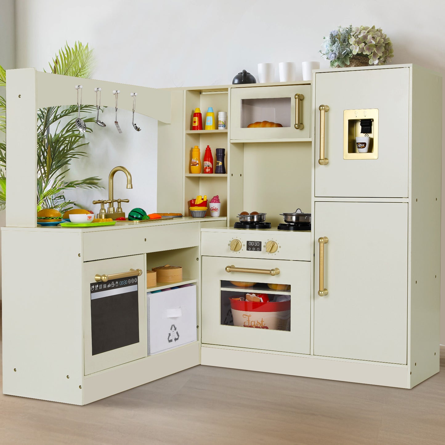 pirecart Large Corner Play Kitchen for Kids, Wooden Pretend Toy Kitchen Toodler Cooking Playset with Light & Sound