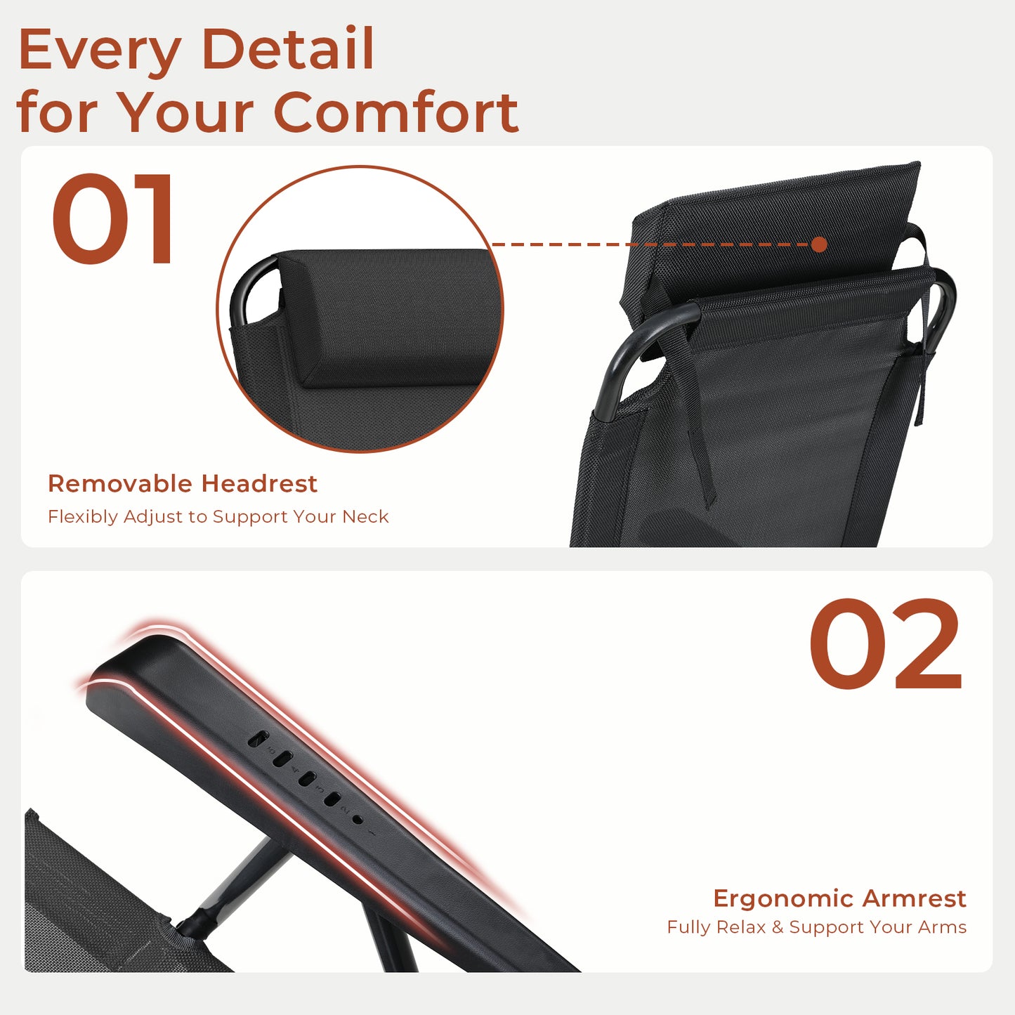 Pirecart 2PCS Folding Patio Chairs, 5 Level Adjustable Outdoor Lawn Chair with Removable Headrest, Teslin Fabric Patio Chairs with Ergonomic Armrest, Foot Pad