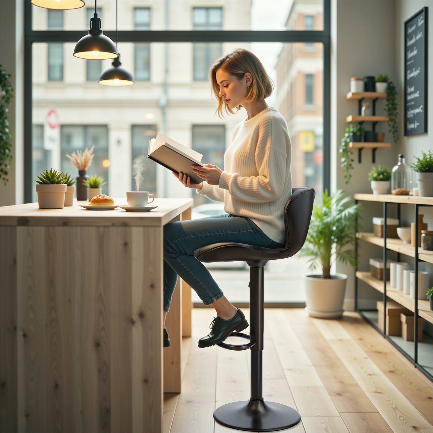 Pirecart Set of 2 Bar Stools, Bar Stools for Dining, Entertainment Center, PU Leather, Hight Adjustable Bar Chairs, Swivel Bar Stools with Back and Footrest