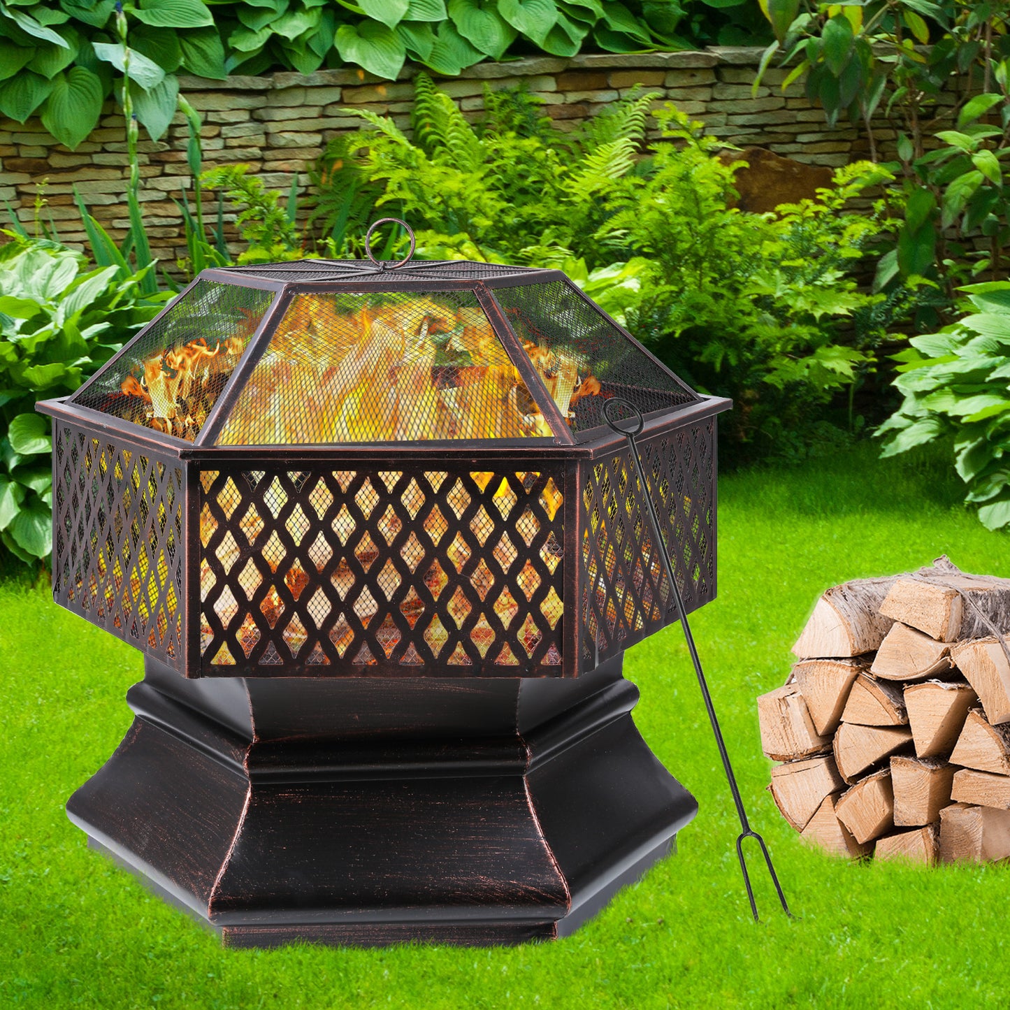 pirecart 28"/30" Hex Shaped Fire Pit Wood Burning Patio Deck Stove Fireplace Table with Poker