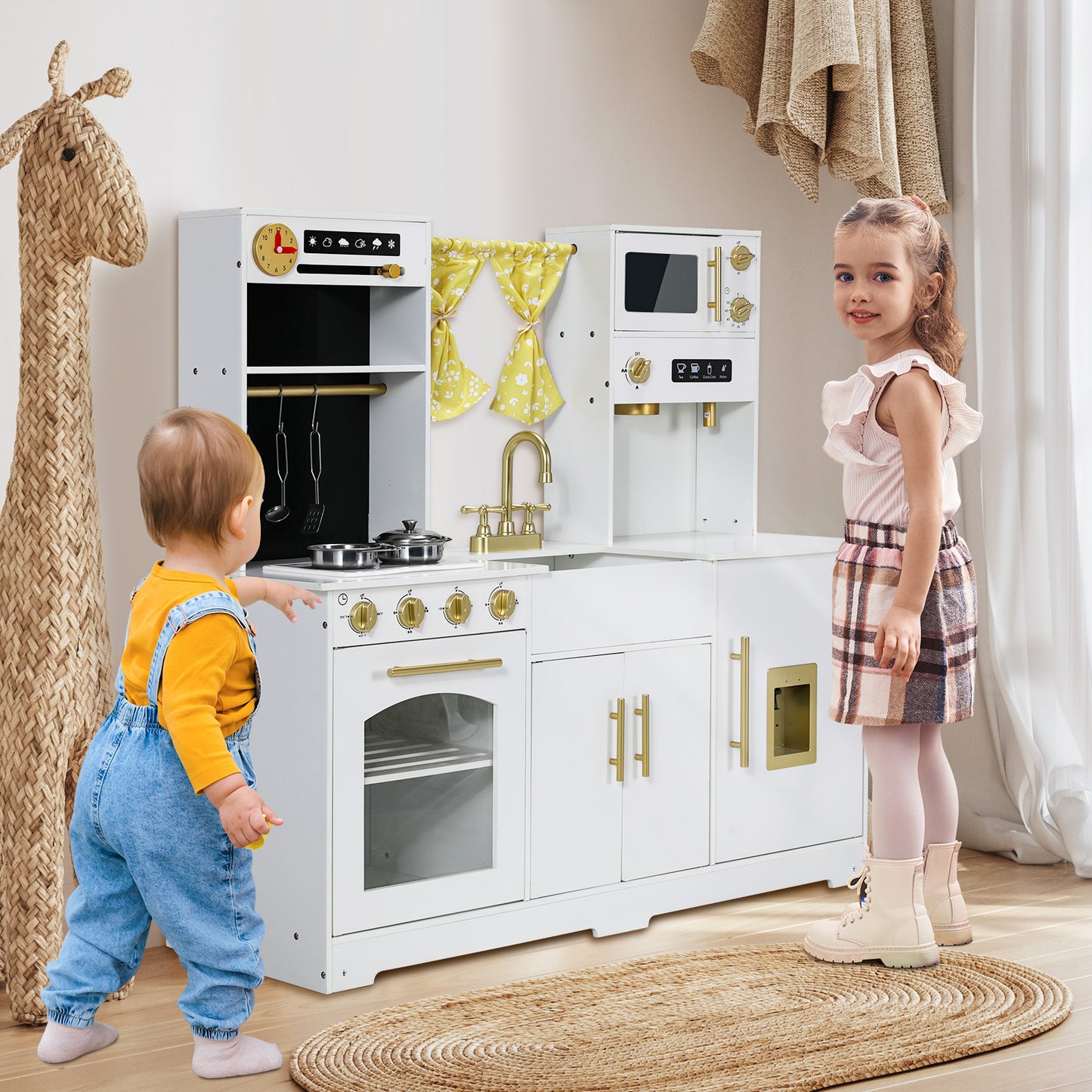 pirecart Kids Play Kitchen, Wooden Pretend Toy Kitchen, Toodler Cooking Playset w/Stove, Sink, Microwave, Water Dispenser, Curtain