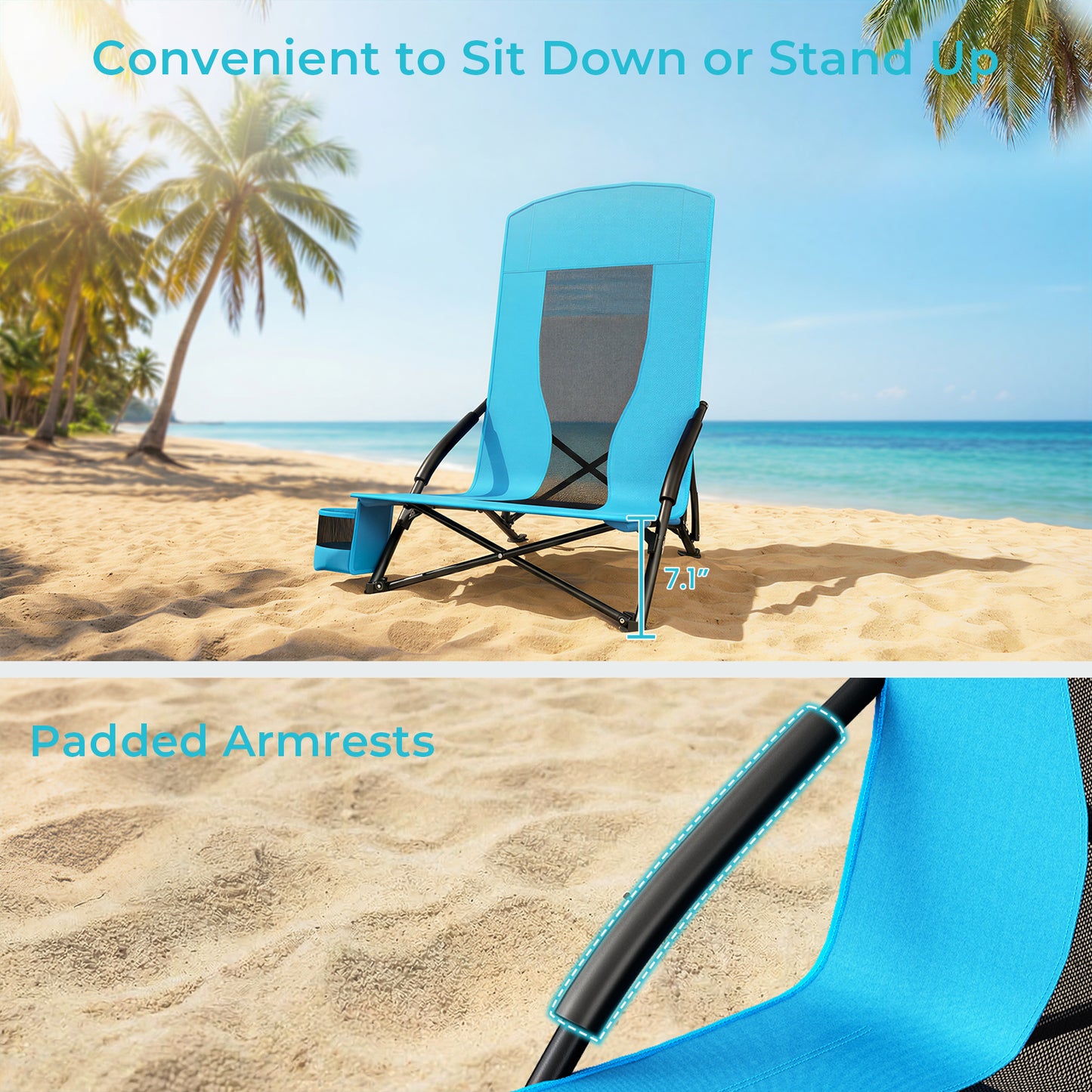 Pirecart 28.5″ High Back Folding Beach Chair, 2 PCS Portable Low Beach Chair W/ Mesh Back & Padded Armrest, Cup Holder, for Camping, Outdoor, Travel