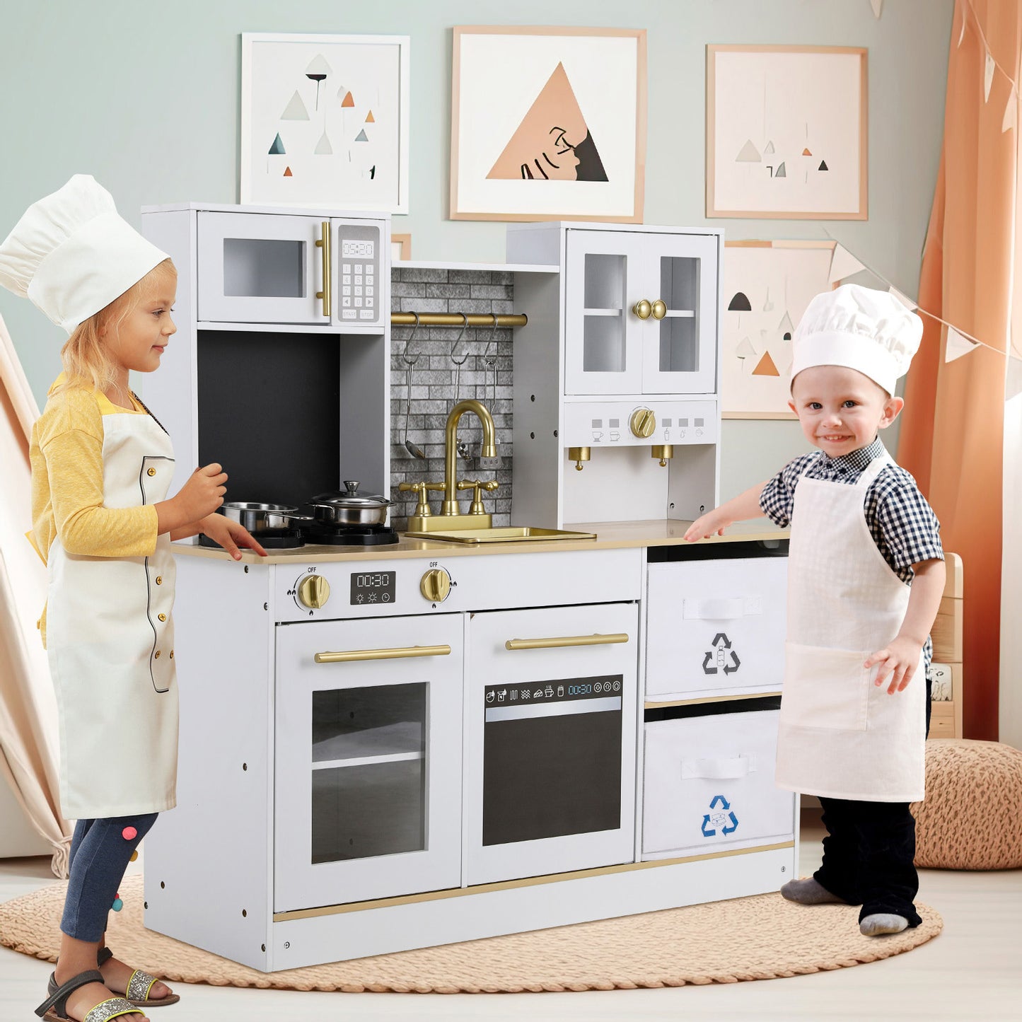 pirecart Kids Play Kitchen Wooden Pretend Toy Kitchen with Utensils, Sink, Microwave, Lights, Sounds and 2 Fabric Boxes