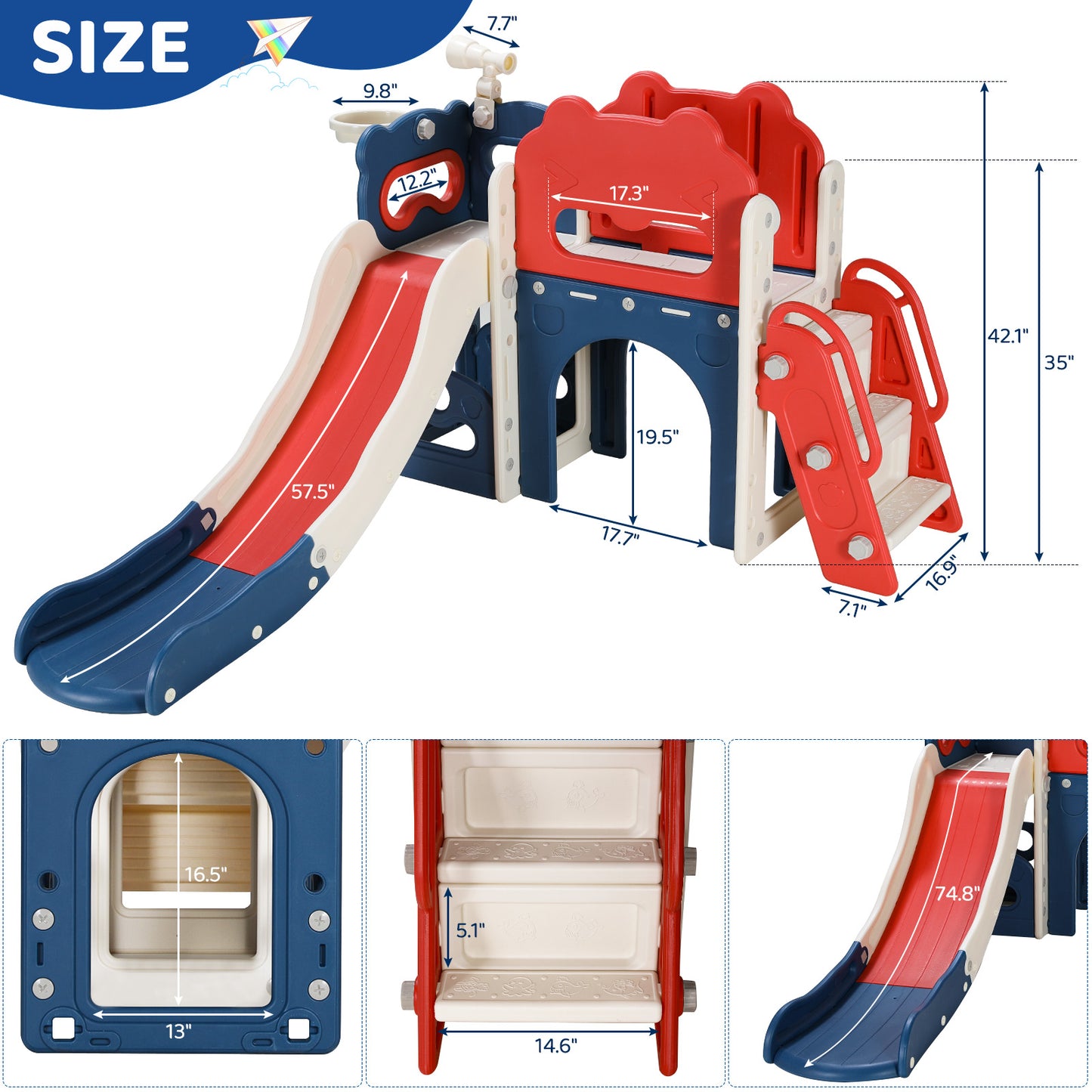 pirecart Toddler Slide, Kids Slide with Climber, Basketball Hoop, Telescope, Tunnel, Storage Space Roomy Aislle, Baby Climber Slide PlaySet