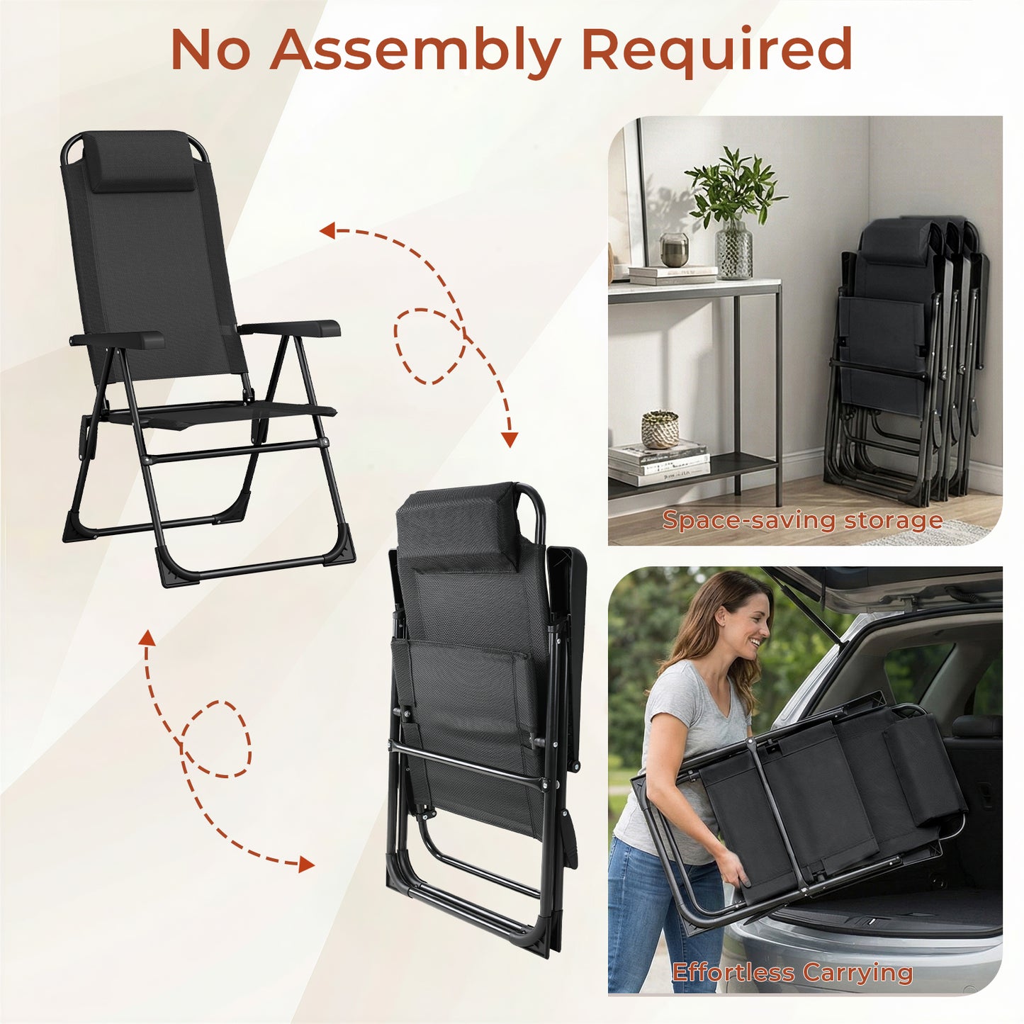 Pirecart 2PCS Folding Patio Chairs, 5 Level Adjustable Outdoor Lawn Chair with Removable Headrest, Teslin Fabric Patio Chairs with Ergonomic Armrest, Foot Pad