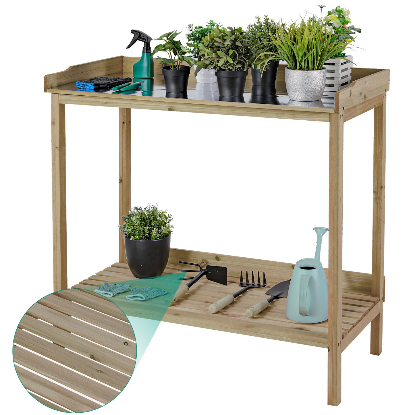 pirecart Potting Bench, Garden Table,Outside Planting Station,Wooden Greenhouse Potters Bench with Galvanized Iron Tabletop