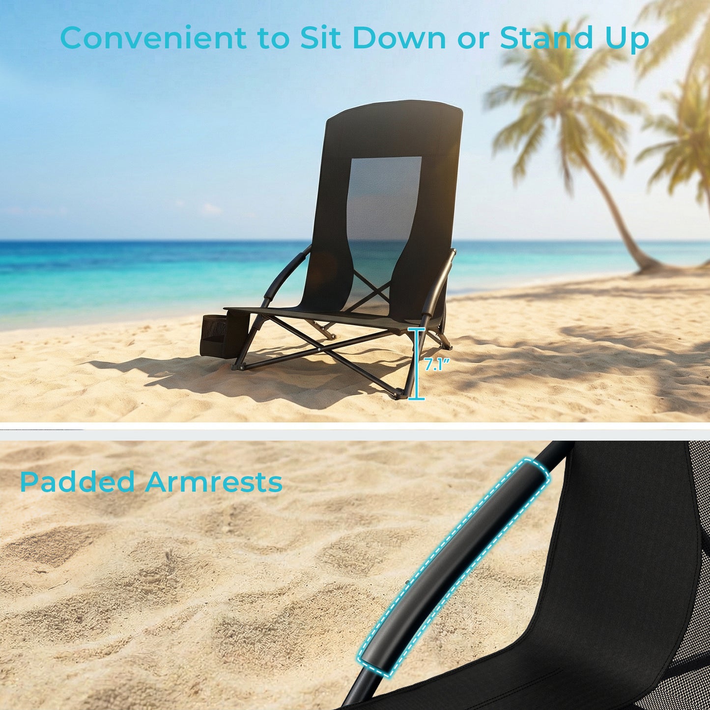 Pirecart 28.5″ High Back Folding Beach Chair, 2 PCS Portable Low Beach Chair W/ Mesh Back & Padded Armrest, Cup Holder, for Camping, Outdoor, Travel