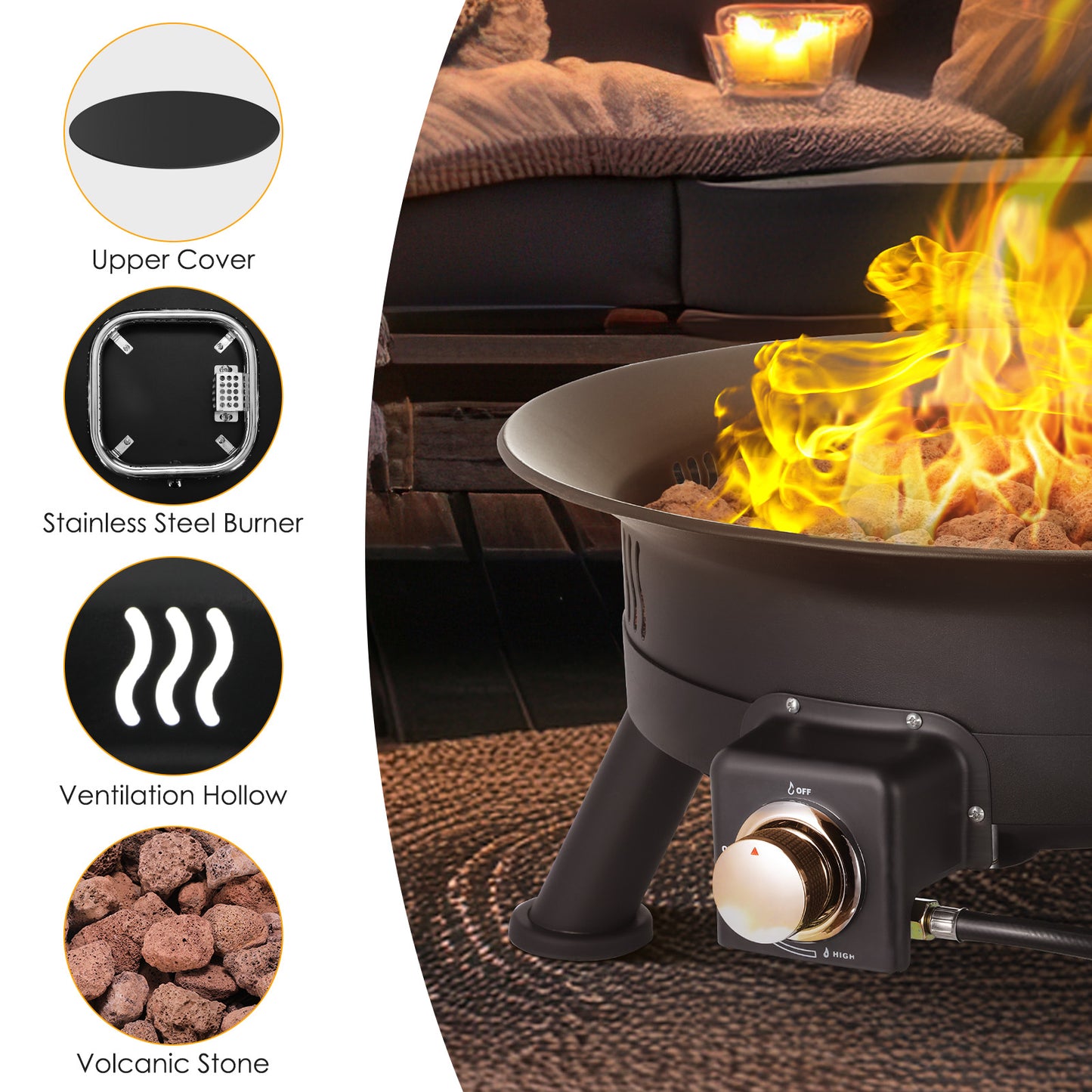 pirecart 24 inch Portable Fire Pit 58,000 BTU Outdoor Propane Gas Fire Pit Bowl with Cover