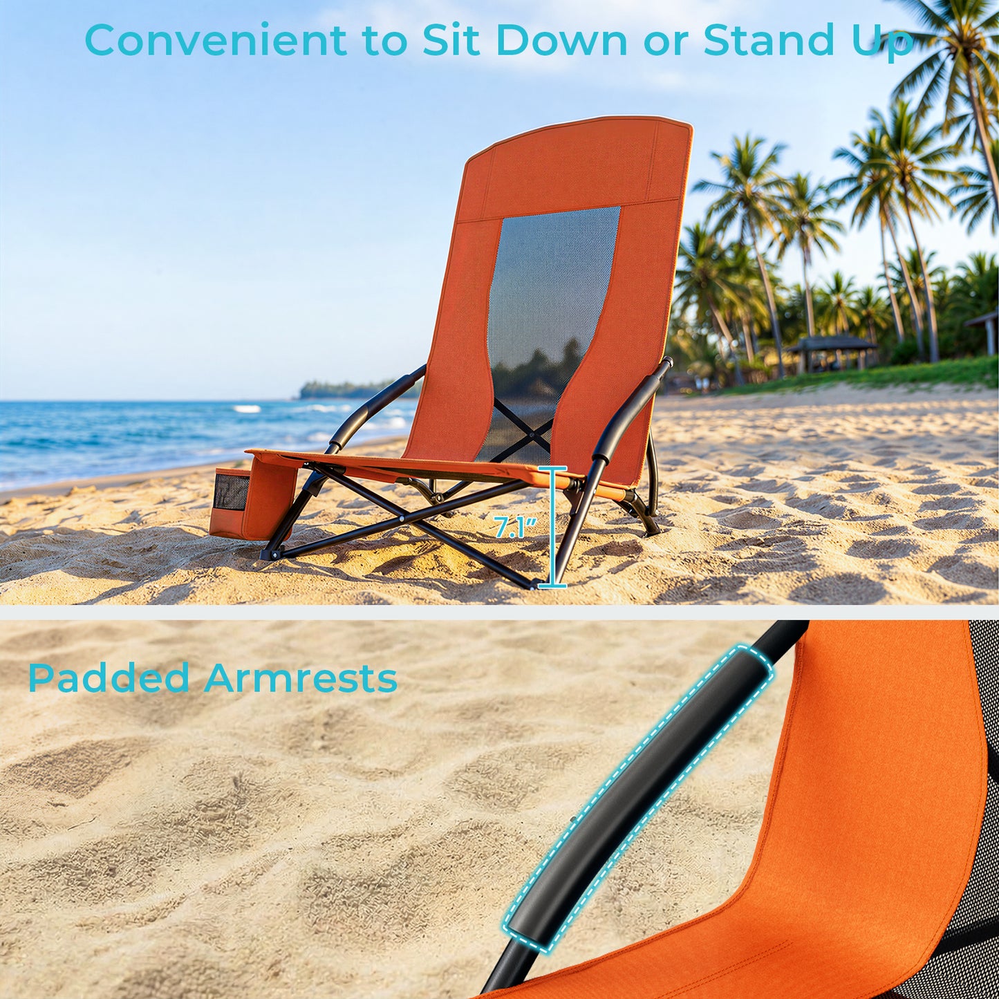 Pirecart 28.5″ High Back Folding Beach Chair, 2 PCS Portable Low Beach Chair W/ Mesh Back & Padded Armrest, Cup Holder, for Camping, Outdoor, Travel