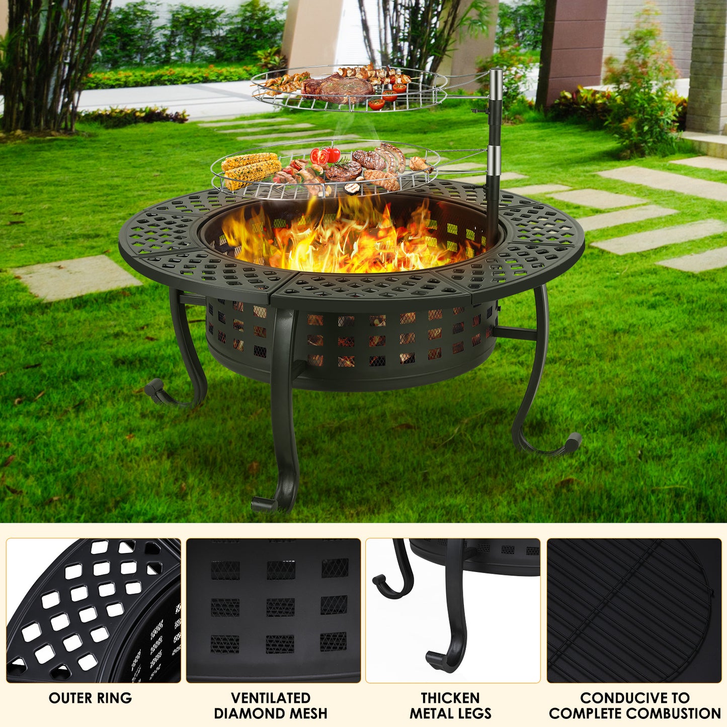 pirecart 37in 3 in 1 Large Wood Burning Fire Pits with 2  galvanized steel Grills, Lid and Fire Poker for Patio, Backyard, Bonfire Party, BBQ