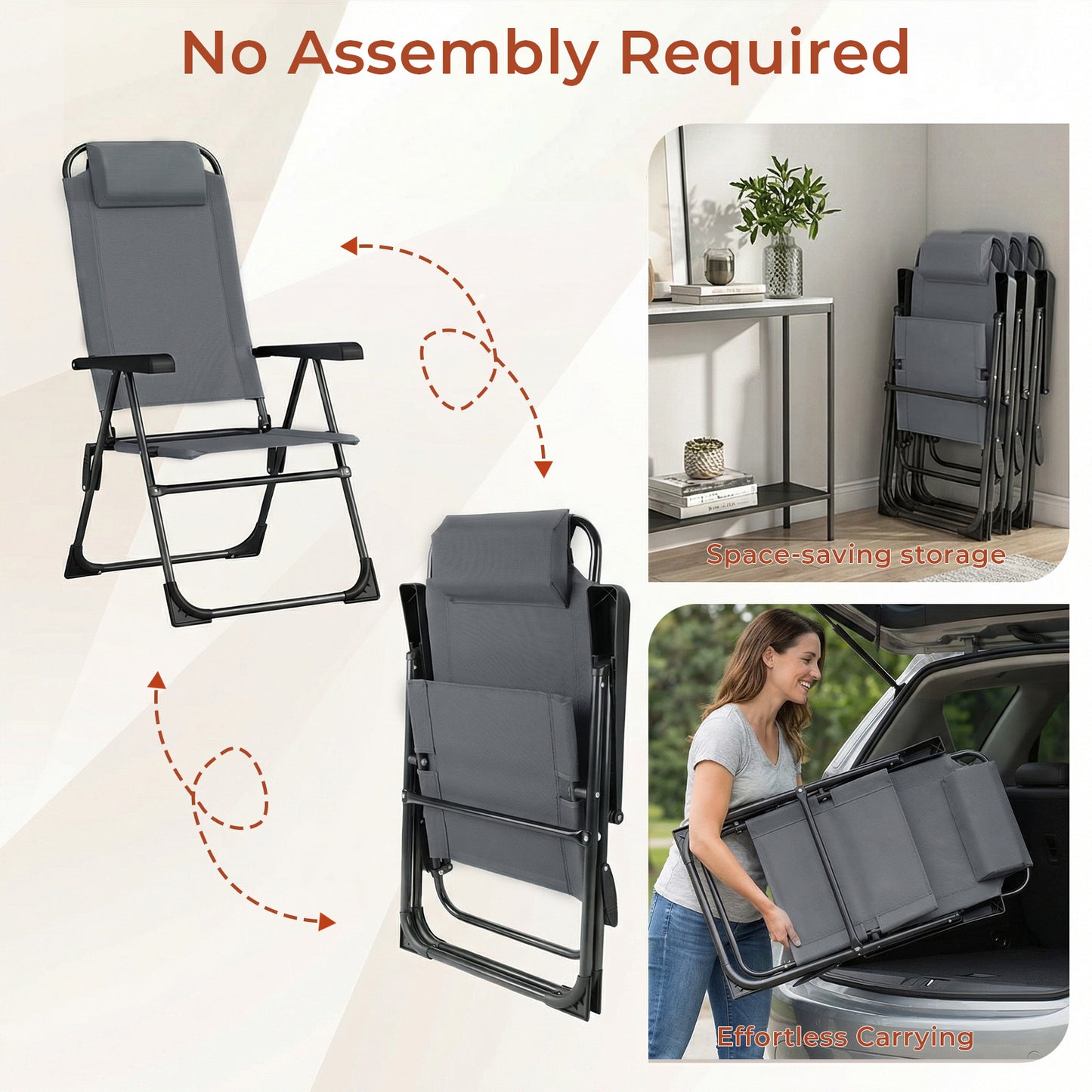 Pirecart 2PCS Folding Patio Chairs, 5 Level Adjustable Outdoor Lawn Chair with Removable Headrest, Teslin Fabric Patio Chairs with Ergonomic Armrest, Foot Pad