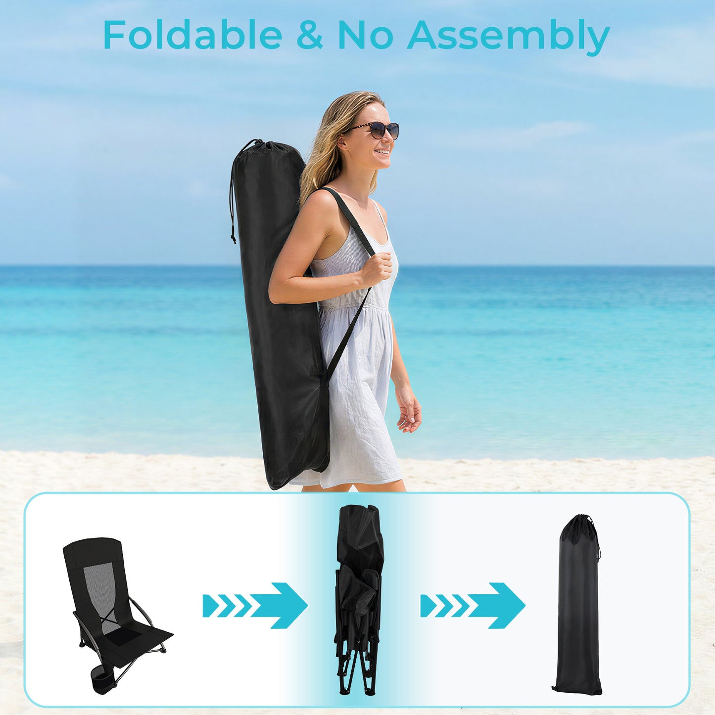 Pirecart 28.5″ High Back Folding Beach Chair, 2 PCS Portable Low Beach Chair W/ Mesh Back & Padded Armrest, Cup Holder, for Camping, Outdoor, Travel