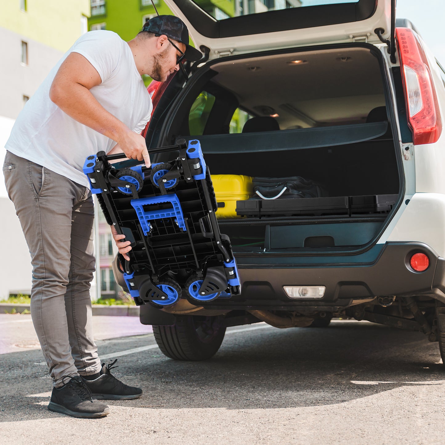 Pirecart Portable Hand Truck, Platform Cart with 4 Wheels& 22" Storage Box, 3-in-1 Folded Dolly Cart Max Load 300Lbs for Travel, Luggage, Shopping, Moving Use