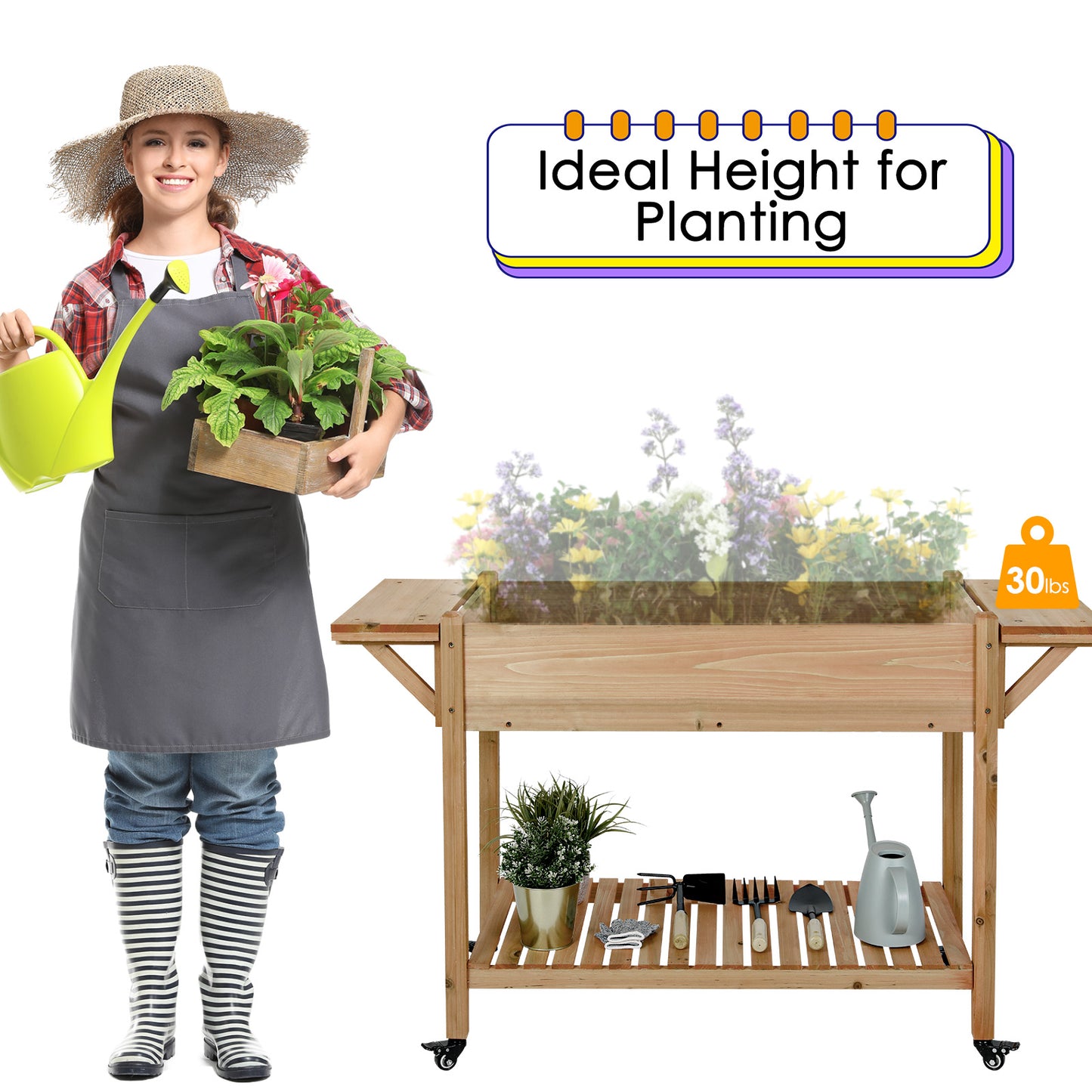 pirecart Raised Garden Bed with Wheels Outdoor Elevated Planter Box W/Legs, Side Tables