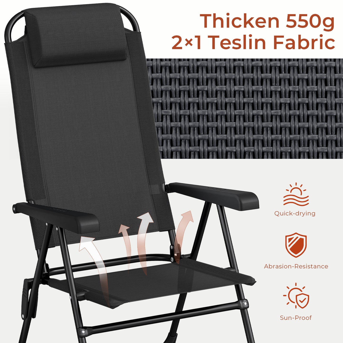 Pirecart 2PCS Folding Patio Chairs, 5 Level Adjustable Outdoor Lawn Chair with Removable Headrest, Teslin Fabric Patio Chairs with Ergonomic Armrest, Foot Pad