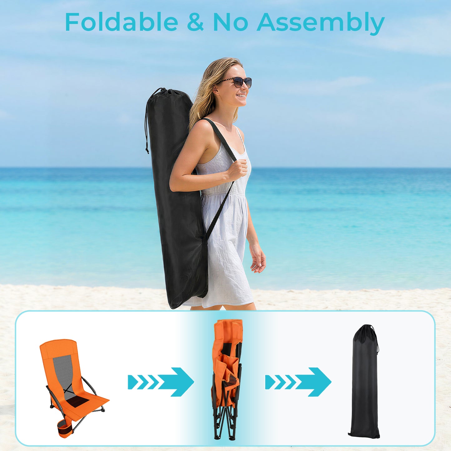 Pirecart 28.5″ High Back Folding Beach Chair, 2 PCS Portable Low Beach Chair W/ Mesh Back & Padded Armrest, Cup Holder, for Camping, Outdoor, Travel