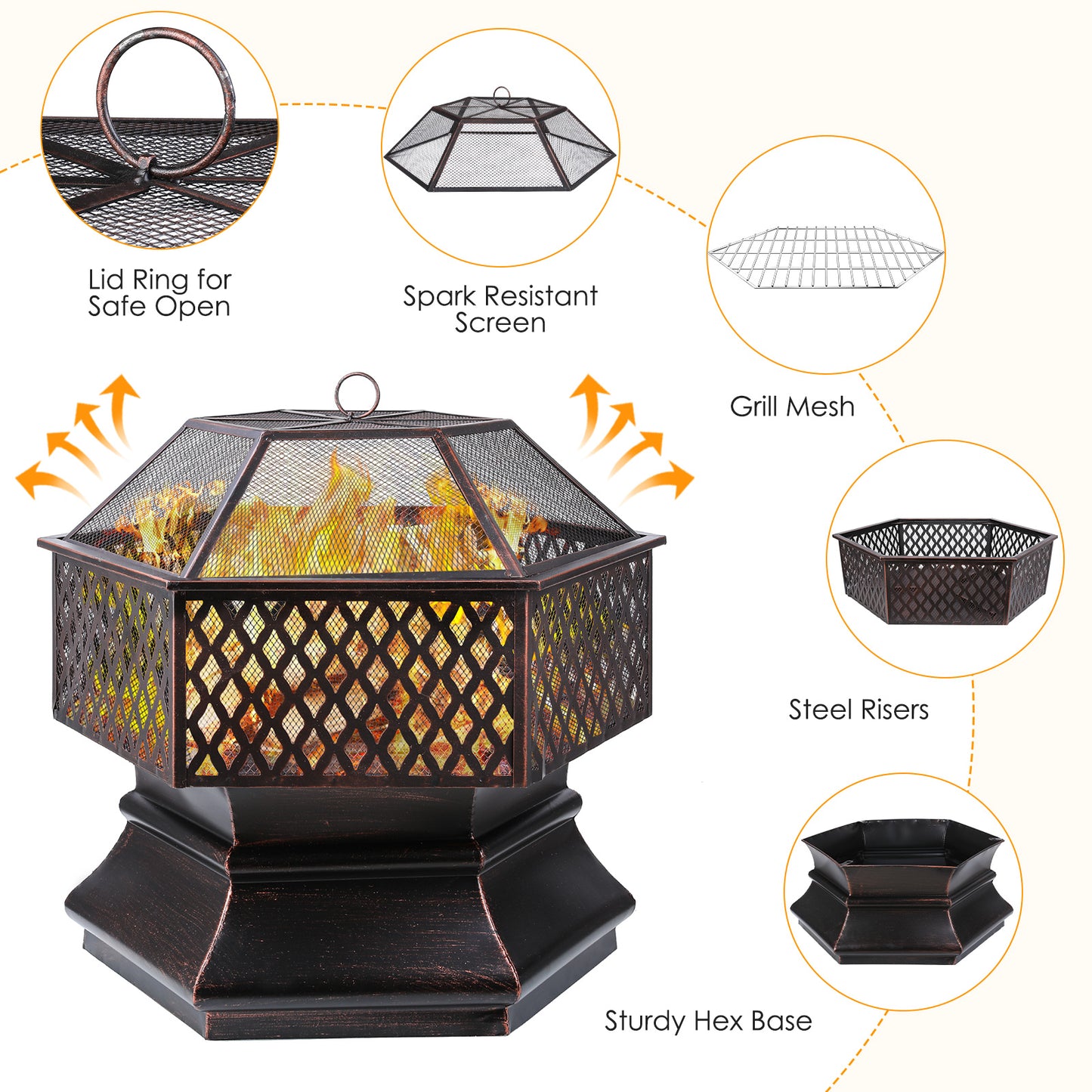 pirecart 28"/30" Hex Shaped Fire Pit Wood Burning Patio Deck Stove Fireplace Table with Poker