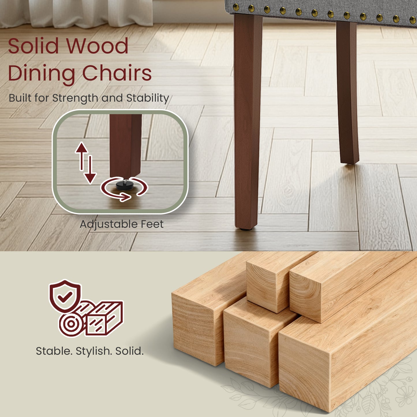 Pirecart Dining Chairs Set of 2, Kitchen Chairs with Nail Head Trim, Solid Wood Legs and Padded Seat, Tufted Parsons Design, Upholstered Fabric Chairs