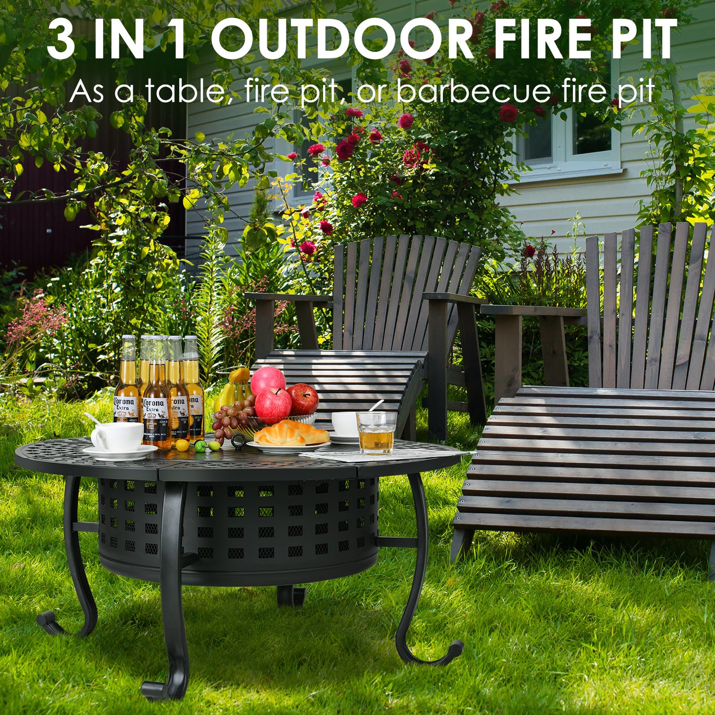 pirecart 37in 3 in 1 Large Wood Burning Fire Pits with 2  galvanized steel Grills, Lid and Fire Poker for Patio, Backyard, Bonfire Party, BBQ