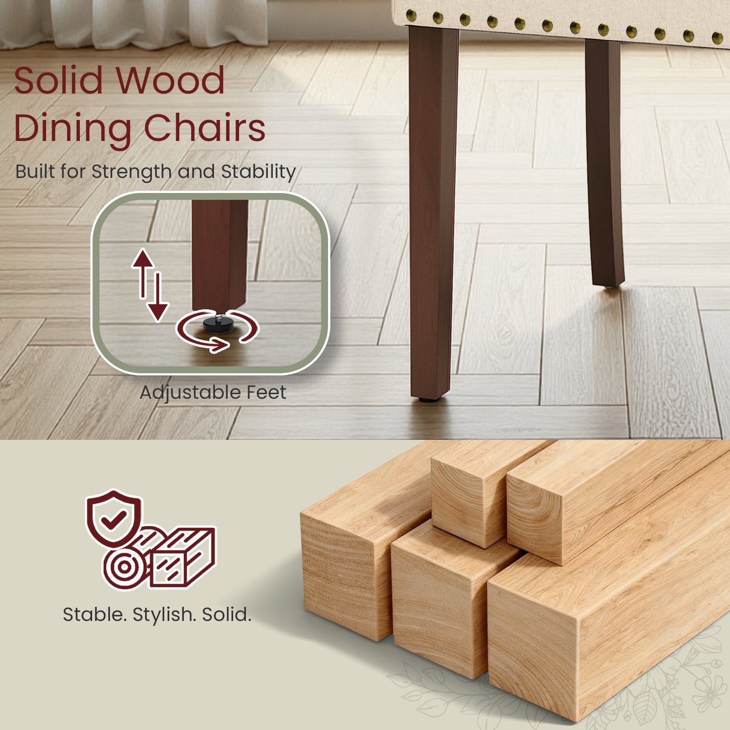 Pirecart Dining Chairs Set of 2, Kitchen Chairs with Nail Head Trim, Solid Wood Legs and Padded Seat, Tufted Parsons Design, Upholstered Fabric Chairs