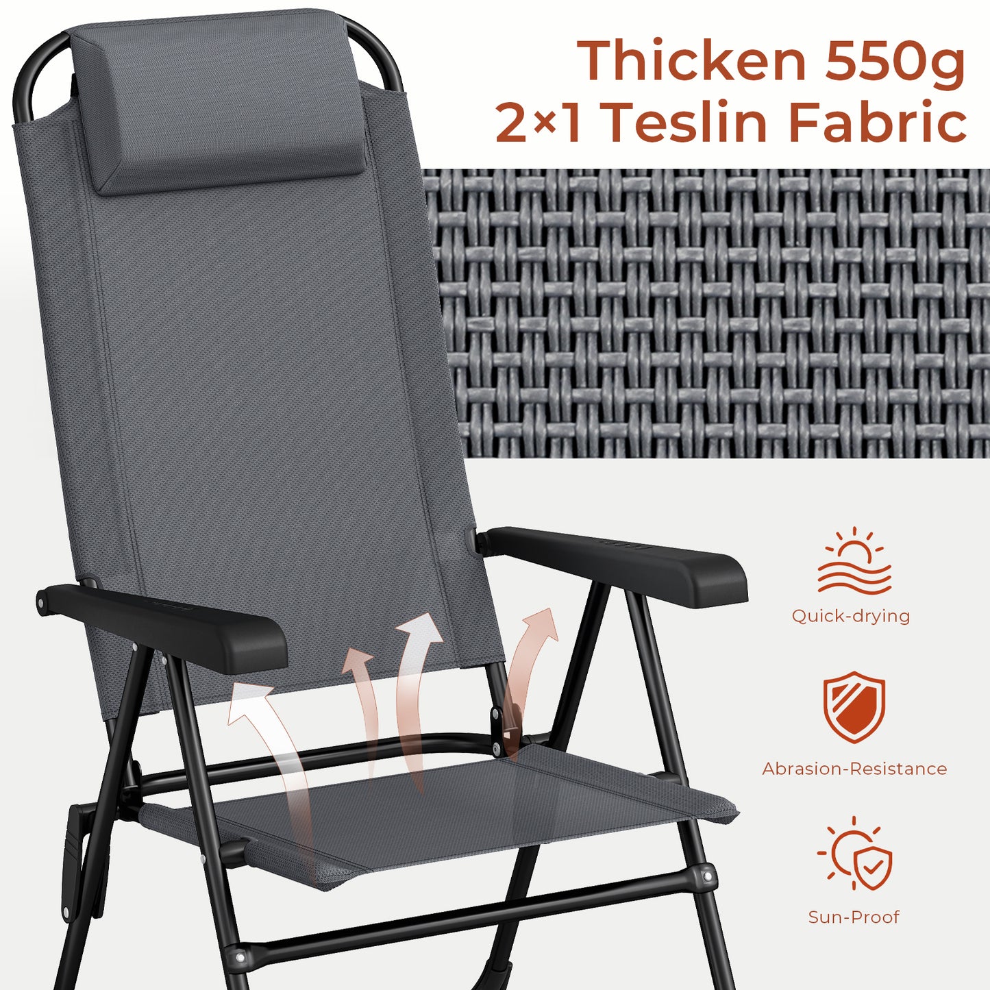 Pirecart 2PCS Folding Patio Chairs, 5 Level Adjustable Outdoor Lawn Chair with Removable Headrest, Teslin Fabric Patio Chairs with Ergonomic Armrest, Foot Pad