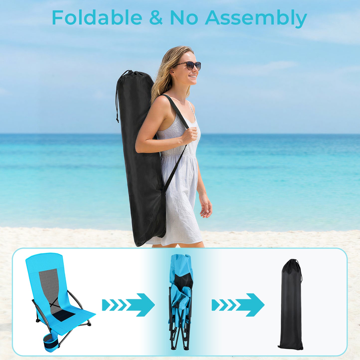 Pirecart 28.5″ High Back Folding Beach Chair, 2 PCS Portable Low Beach Chair W/ Mesh Back & Padded Armrest, Cup Holder, for Camping, Outdoor, Travel
