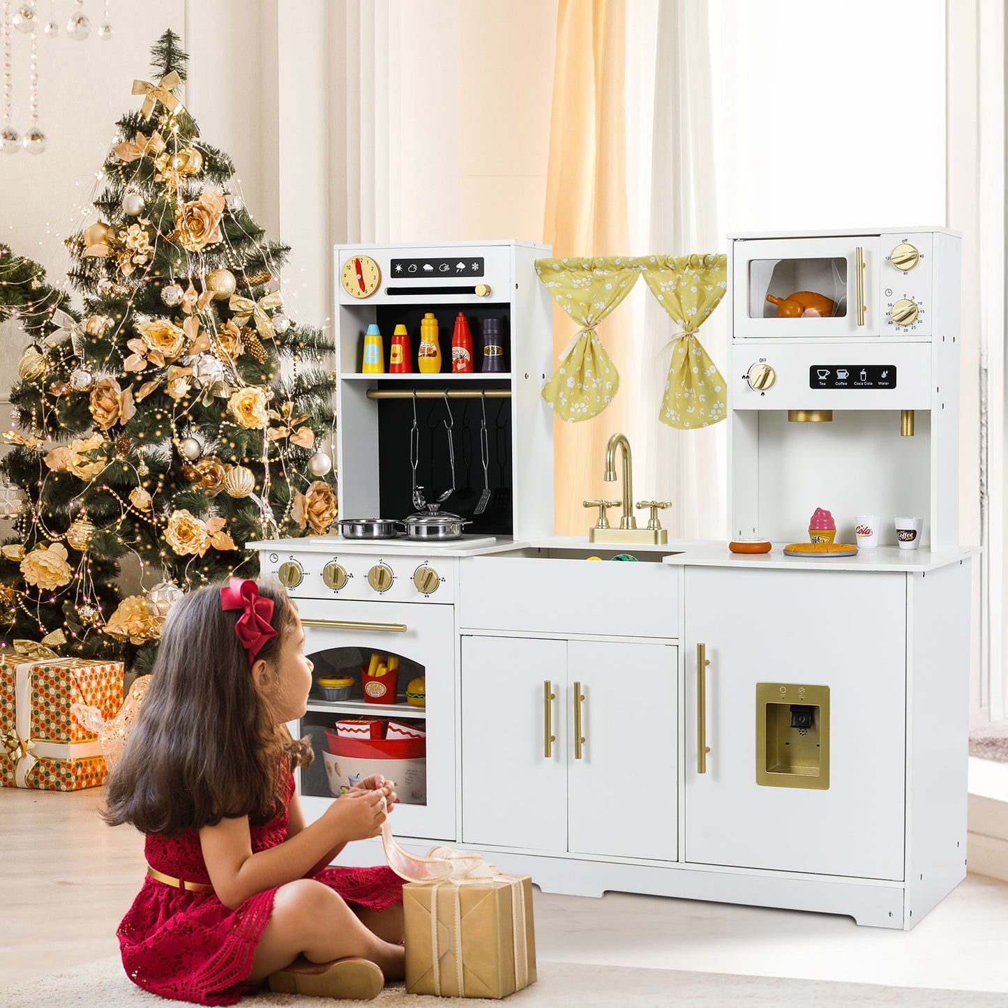 pirecart Kids Play Kitchen, Wooden Pretend Toy Kitchen, Toodler Cooking Playset w/Stove, Sink, Microwave, Water Dispenser, Curtain