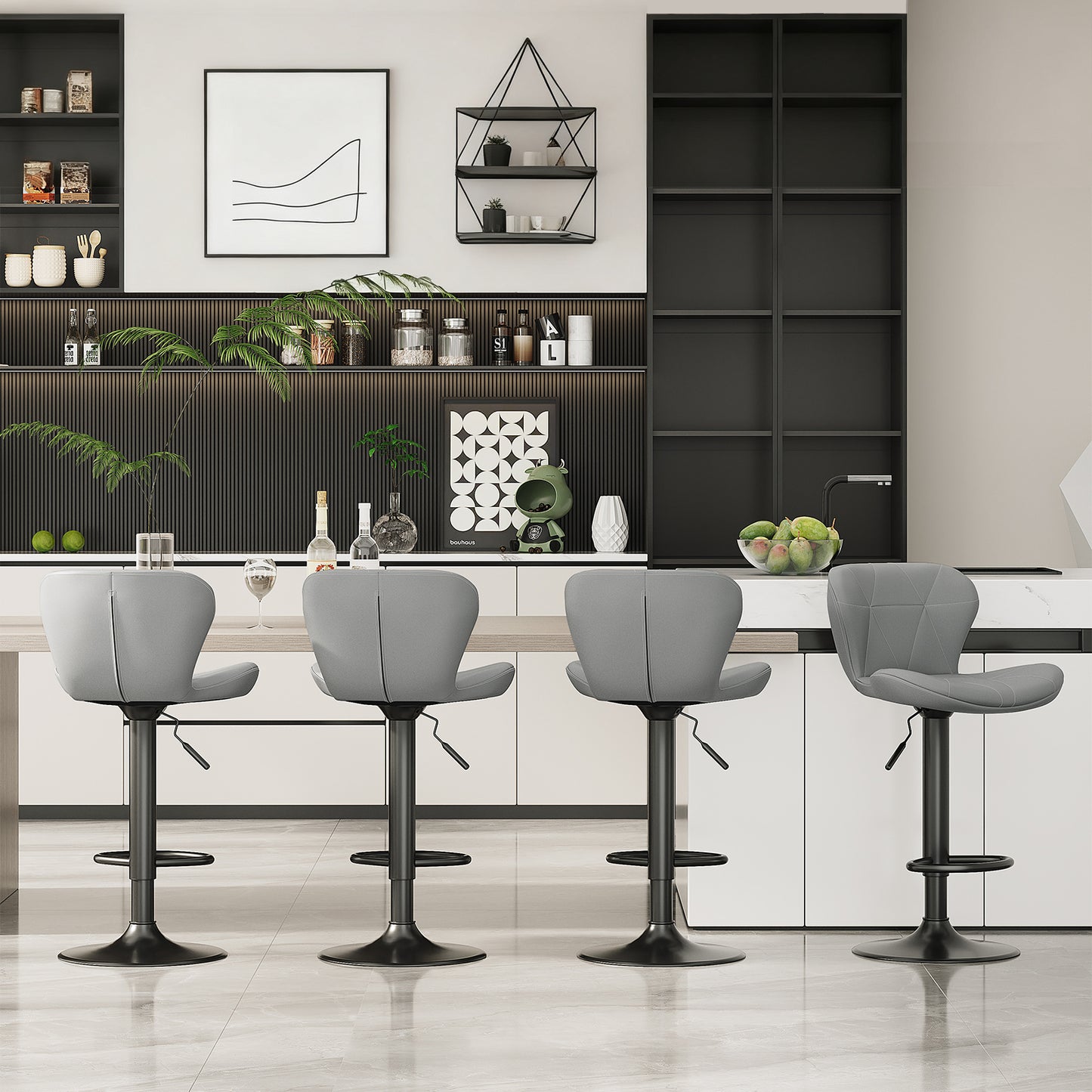 Pirecart Set of 2 Bar Stools, Bar Stools for Dining, Entertainment Center, PU Leather, Hight Adjustable Bar Chairs, Swivel Bar Stools with Back and Footrest