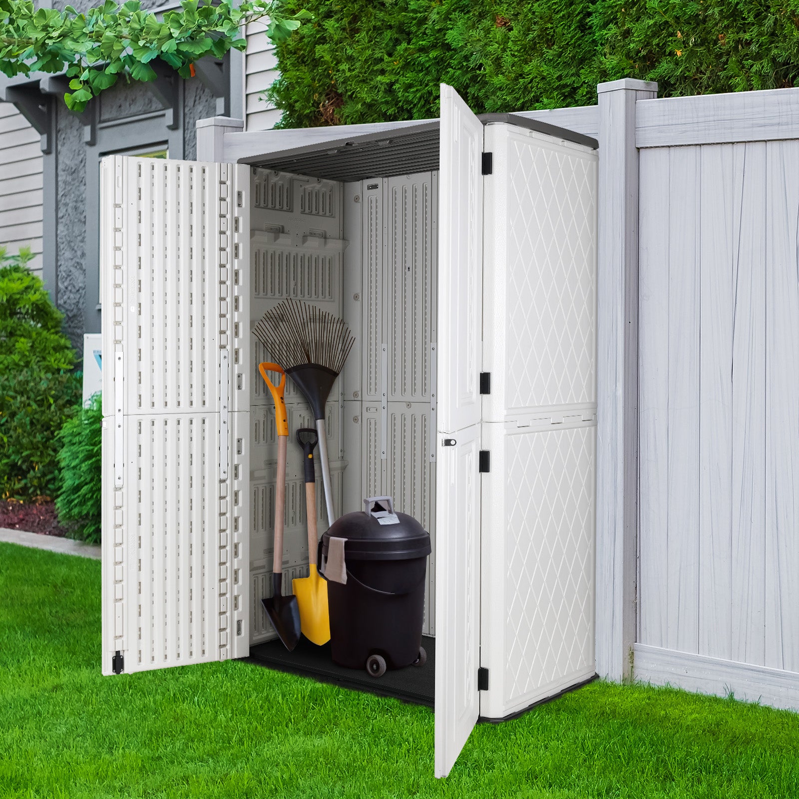 pirecart 65 Cubic Feet Resin Vertical Outdoor Storage Shed for Garden,