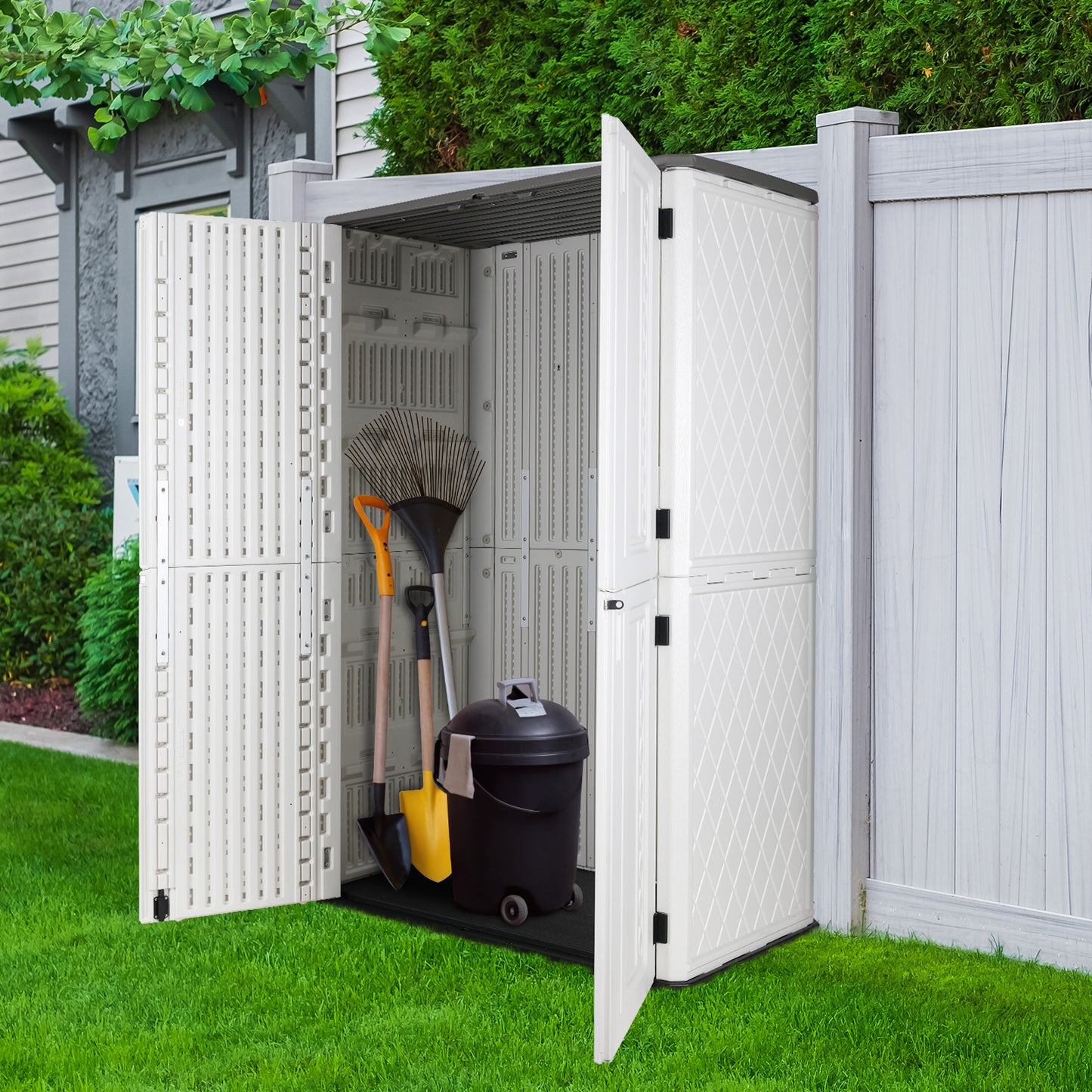 pirecart 65 Cubic Feet Resin Vertical Outdoor Storage Shed for Garden, Backyard, Patio, Pool Tools