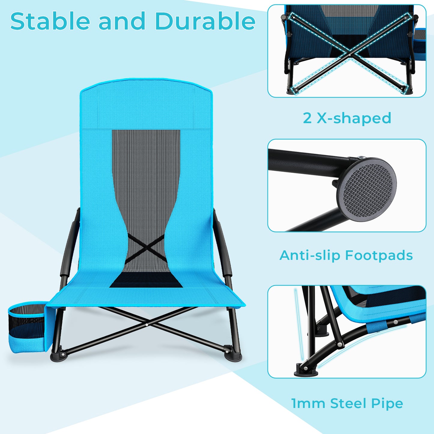 Pirecart 28.5″ High Back Folding Beach Chair, 2 PCS Portable Low Beach Chair W/ Mesh Back & Padded Armrest, Cup Holder, for Camping, Outdoor, Travel