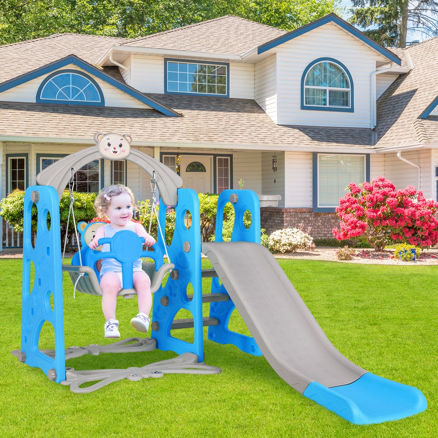 pirecart Toddler Slide and Swing Set, 4 in 1 Kids Play Climber Slide Playset w/Ball Hoop