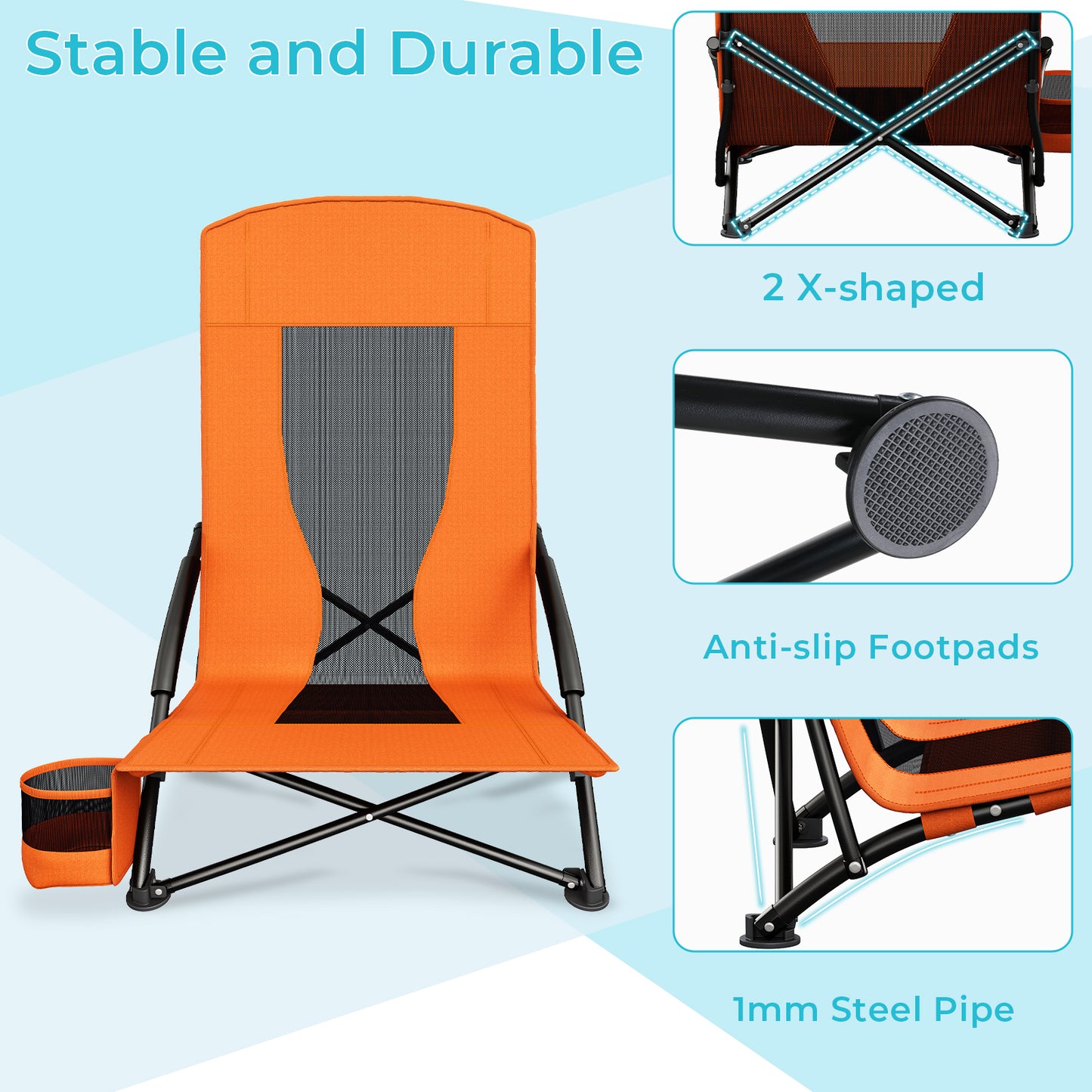 Pirecart 28.5″ High Back Folding Beach Chair, 2 PCS Portable Low Beach Chair W/ Mesh Back & Padded Armrest, Cup Holder, for Camping, Outdoor, Travel