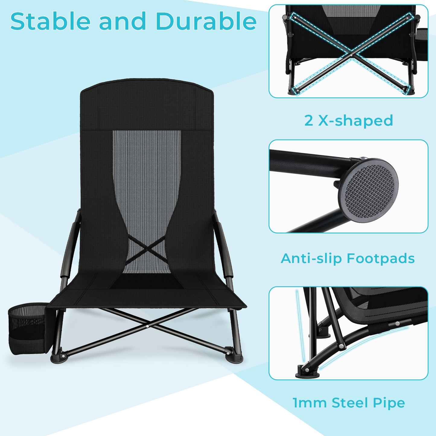 Pirecart 28.5″ High Back Folding Beach Chair, 2 PCS Portable Low Beach Chair W/ Mesh Back & Padded Armrest, Cup Holder, for Camping, Outdoor, Travel