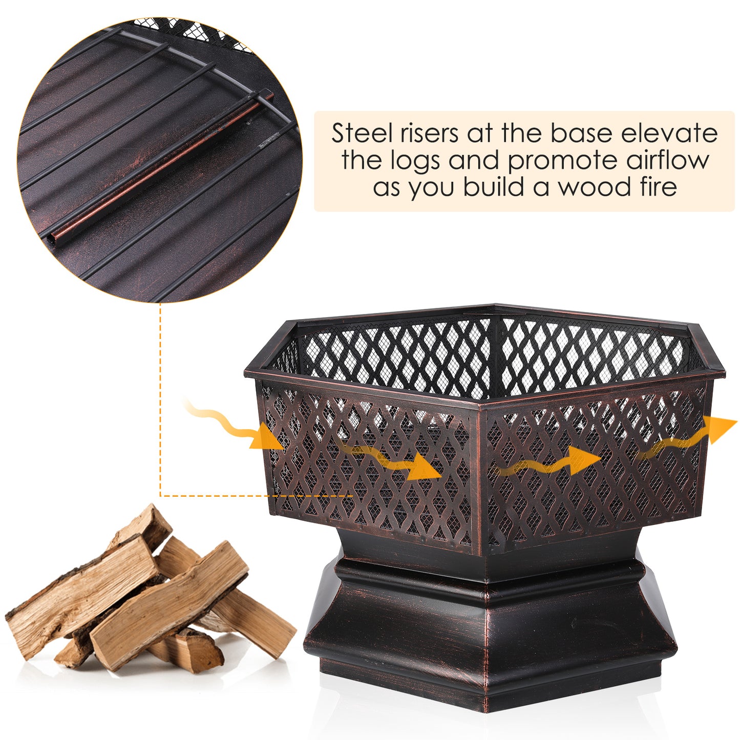 pirecart 28"/30" Hex Shaped Fire Pit Wood Burning Patio Deck Stove Fireplace Table with Poker