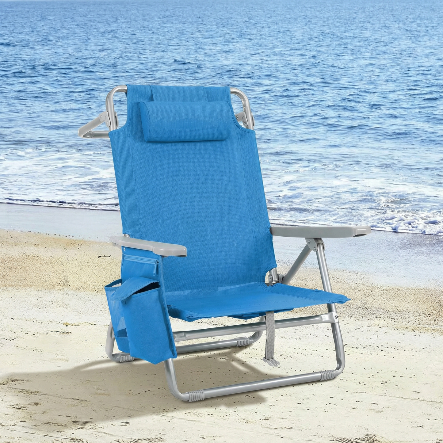 Foldable Beach Chair, 5-Position Lay Flat Reclining Beach Chair W/ Headrest, Storage Bag, Cooler Pouch,Towel Bar, Foot Mat