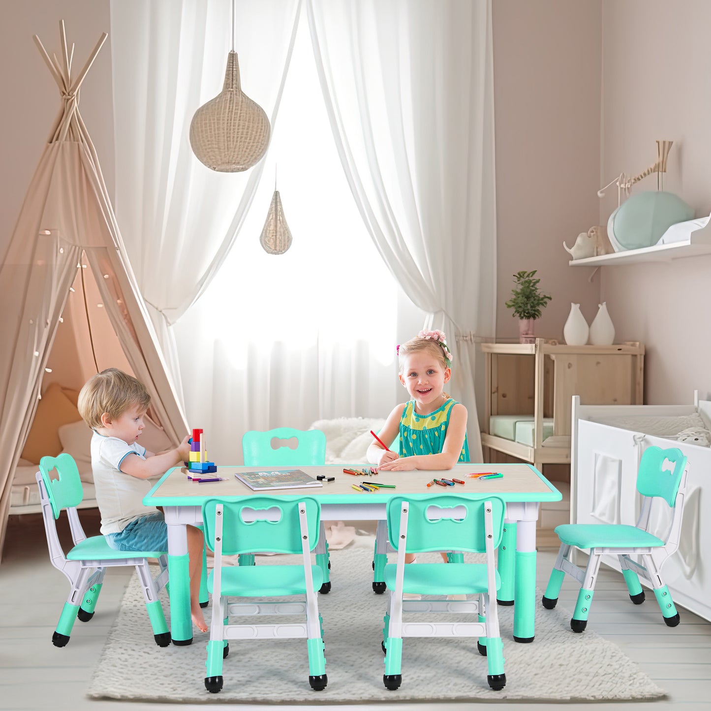 pirecart Kids Table and 6 Chairs Set Activity Art Craft Table