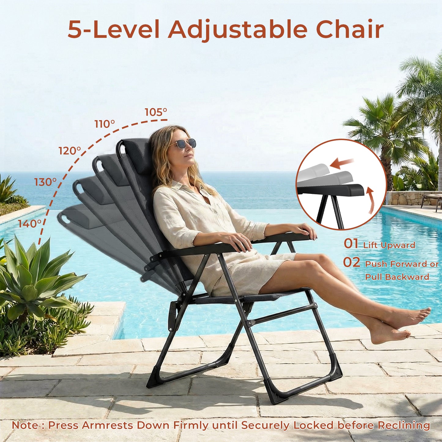 Pirecart 2PCS Folding Patio Chairs, 5 Level Adjustable Outdoor Lawn Chair with Removable Headrest, Teslin Fabric Patio Chairs with Ergonomic Armrest, Foot Pad