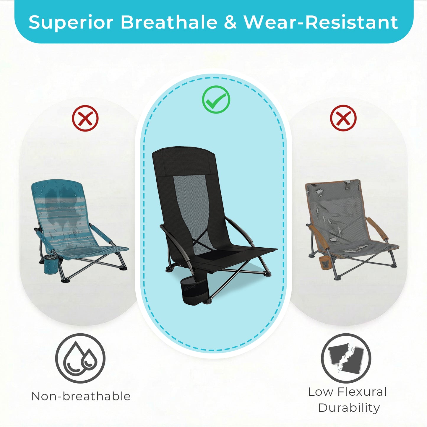 Pirecart 28.5″ High Back Folding Beach Chair, 2 PCS Portable Low Beach Chair W/ Mesh Back & Padded Armrest, Cup Holder, for Camping, Outdoor, Travel