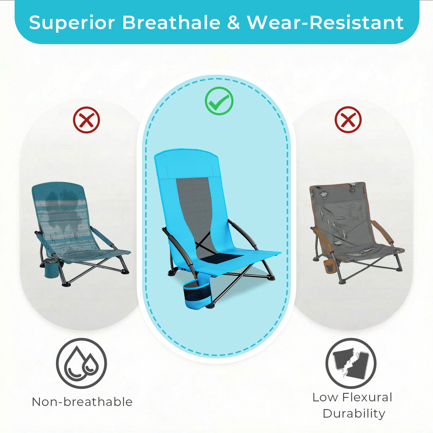 Pirecart 28.5″ High Back Folding Beach Chair, 2 PCS Portable Low Beach Chair W/ Mesh Back & Padded Armrest, Cup Holder, for Camping, Outdoor, Travel