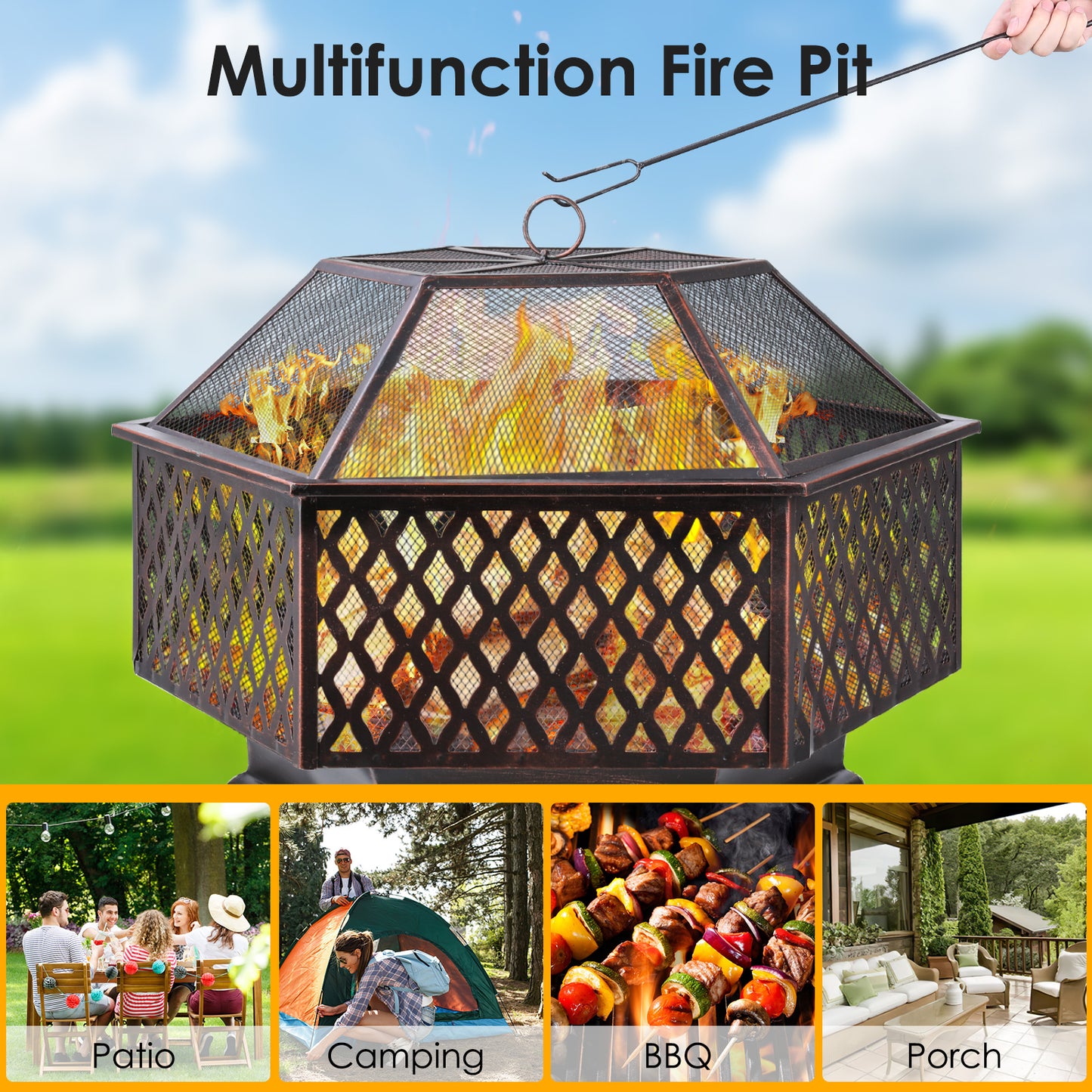 pirecart 28"/30" Hex Shaped Fire Pit Wood Burning Patio Deck Stove Fireplace Table with Poker